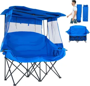 Slsy Double Beach Chair with Canopy Shade, Oversized Folding Loveseat with Cup Holder & Side Pocket for Camping, Beach, Lawn, Fishing