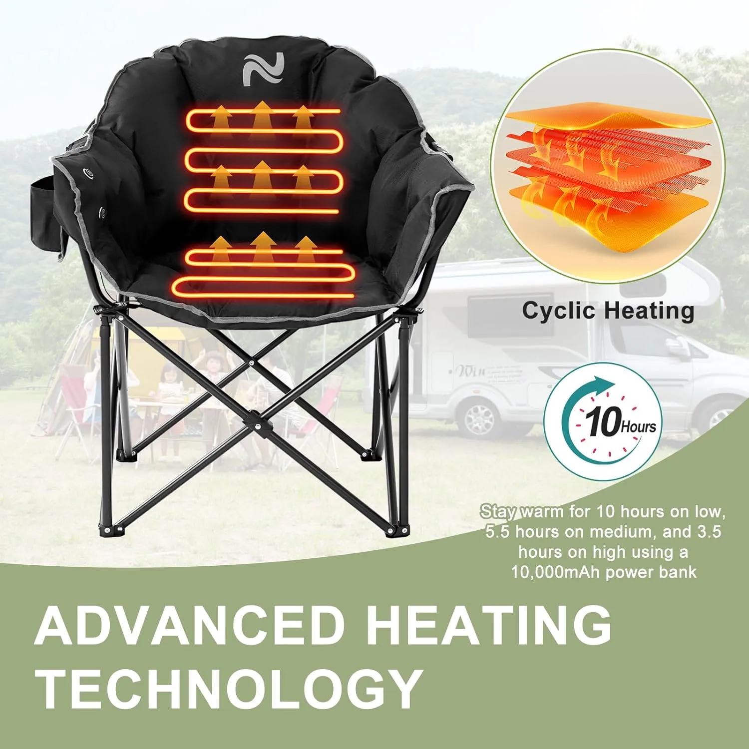 Slsy Oversized Heated Camping Chair Heats Back and Seat, Heated Portable Camp Chair with 3 Heat Levels, Heavy Duty Heated Moon Chair for Lawn, Outdoor, Picnic, Lounge Patio