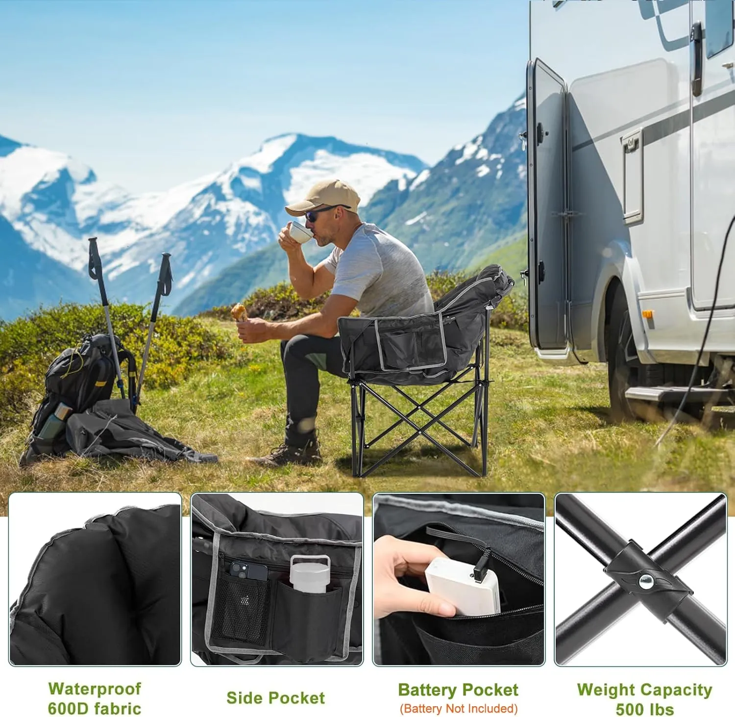 Slsy Oversized Heated Camping Chair Heats Back and Seat, Heated Portable Camp Chair with 3 Heat Levels, Heavy Duty Heated Moon Chair for Lawn, Outdoor, Picnic, Lounge Patio