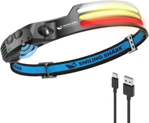 Smiling Shark LED Headlamp, 230°Wide Angle 3*Multi-Color Light Strips The Brightest Head Lamp Rechargeable with Motion Sensor Waterproof Headlight for Camping Hiking Outdoor, Head-Lamp-LED-Hat-Light