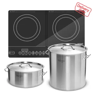 SOGA Dual Burners Cooktop Stove 21L and 17L Stainless Steel Stockpot Top Grade Stock Pot