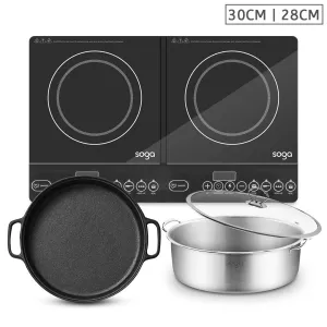 SOGA Dual Burners Cooktop Stove, 30cm Cast Iron Frying Pan Skillet and 28cm Induction Casserole