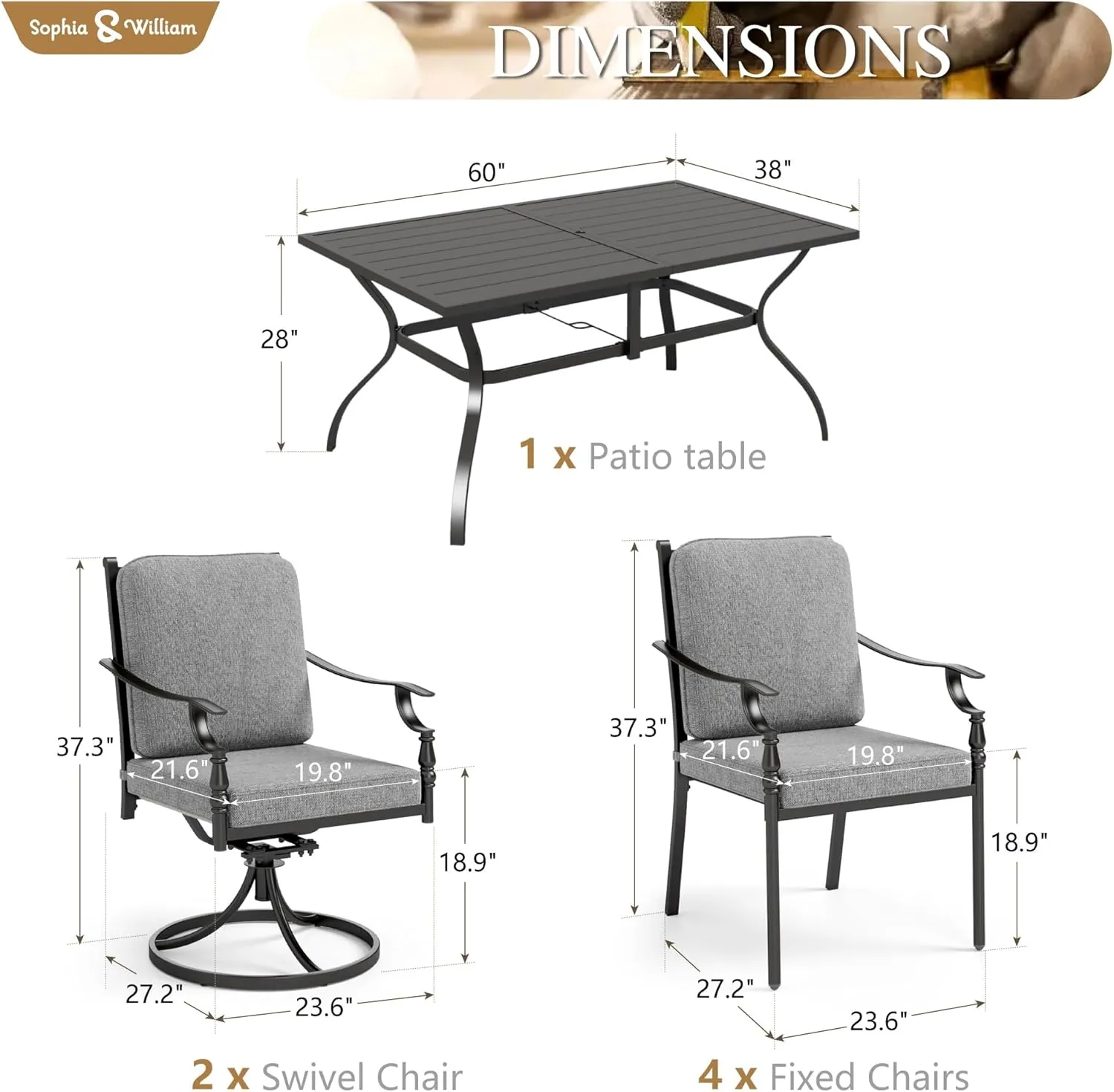 Sophia & William 7 Piece Outdoor Patio Dining Set, Patio Table and Chairs Set for 6, Fixed and Swivel Patio Chairs with Cushions and Rectangular Table, Outdoor Dining Set for Backyard, Poolside