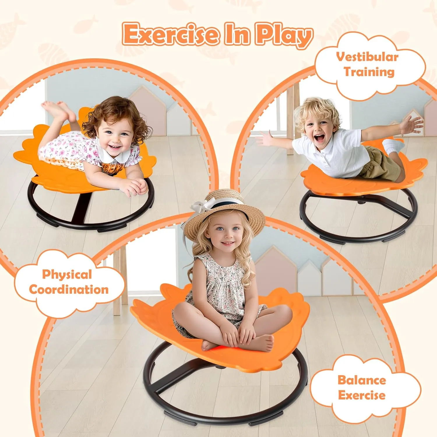 Spinning Chair for Kids, Sensory Integration Training Swivel Chair for Children with Autism & ADHD, for Balance & Body Coordination Training, Orange Fish