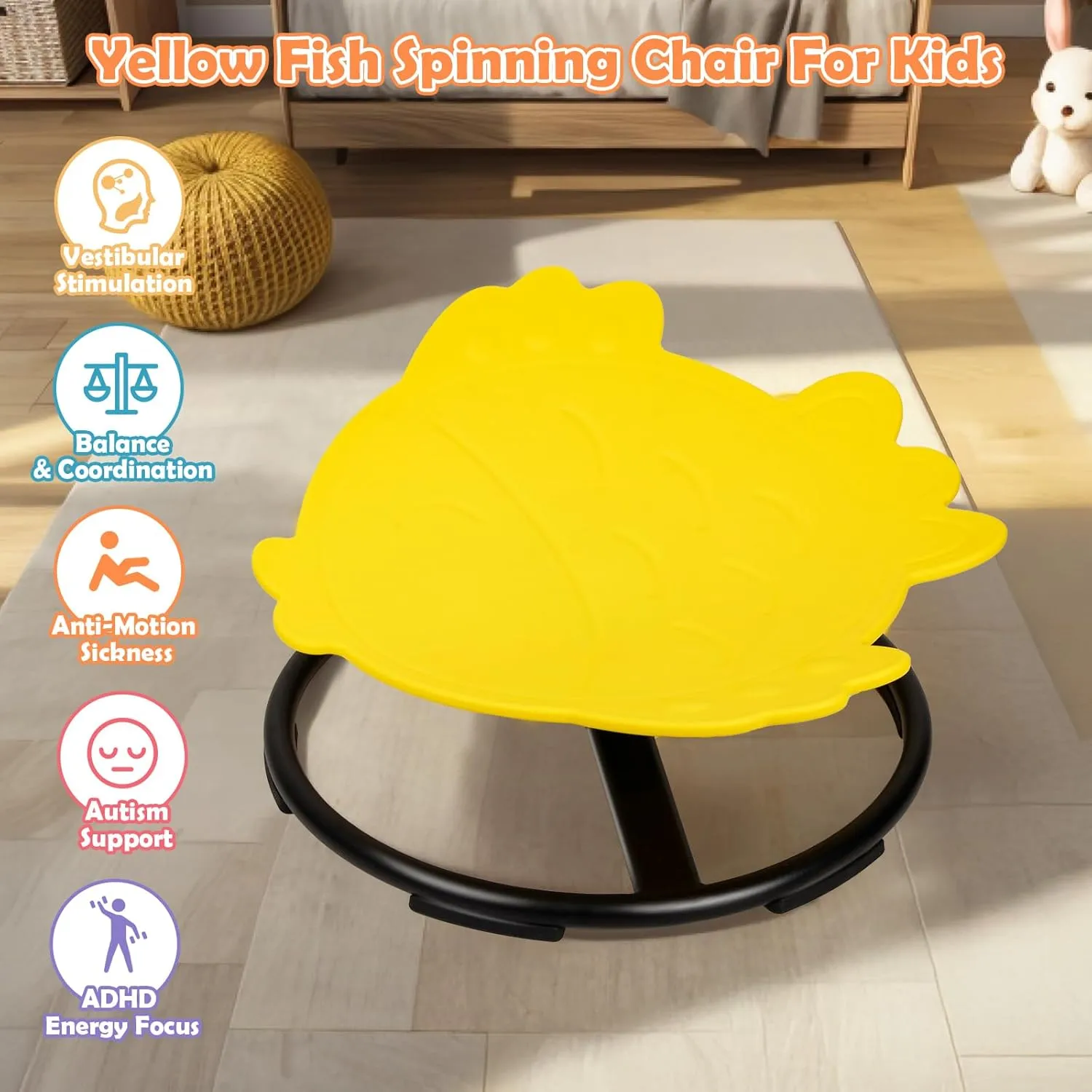 Spinning Chair for Kids, Sensory Integration Training Swivel Chair for Children with Autism & ADHD, for Balance & Body Coordination Training, Yellow Fish