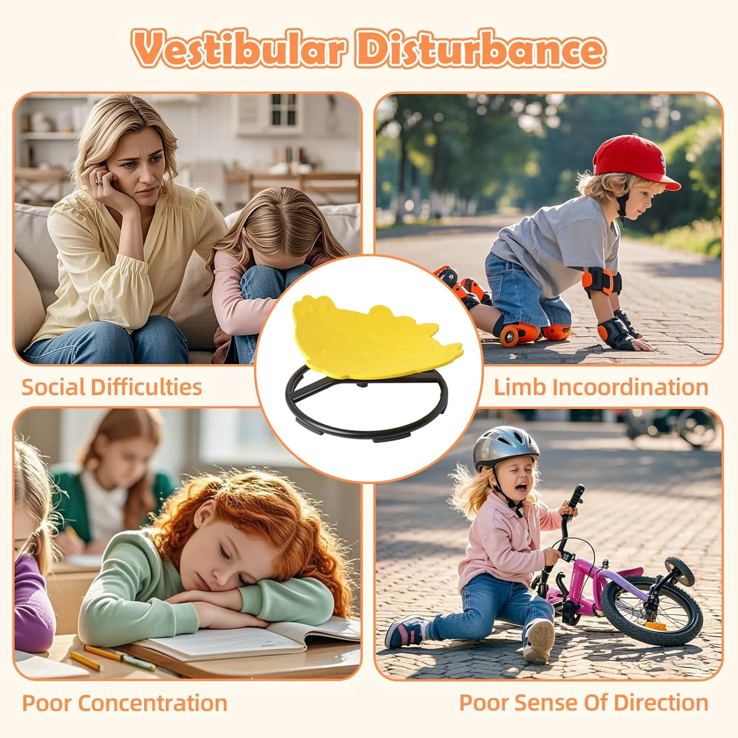 Spinning Chair for Kids, Sensory Integration Training Swivel Chair for Children with Autism & ADHD, for Balance & Body Coordination Training, Yellow Fish