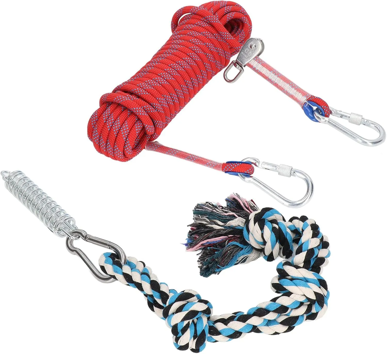 Spring Pole Dog Rope Toy 49.2ft | Interactive Tug Toy for Small/Medium/Large Dogs | Safe Muscle Builder with Shock Absorber Action | Long - Lasting Cotton Rope & Stainless (Red)