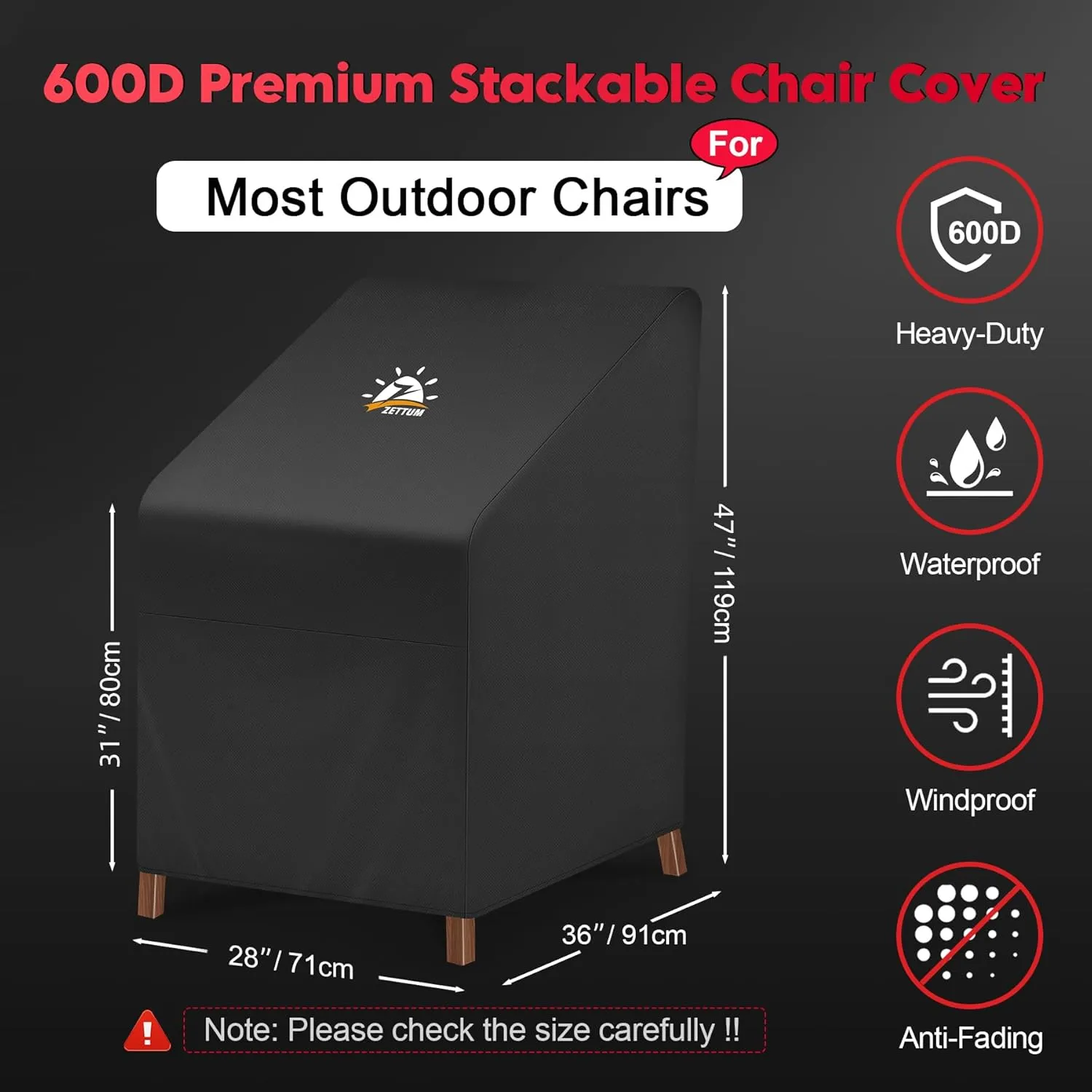 Stackable Patio Chair Cover 2 Pack - 600D Outdoor Chair Cover Waterproof & Heavy Duty, Lawn Furniture Stacking Seat Cover for 4 - 6 Outdoor Stackable Dining Chairs - 28 x 36 x 47 Inch