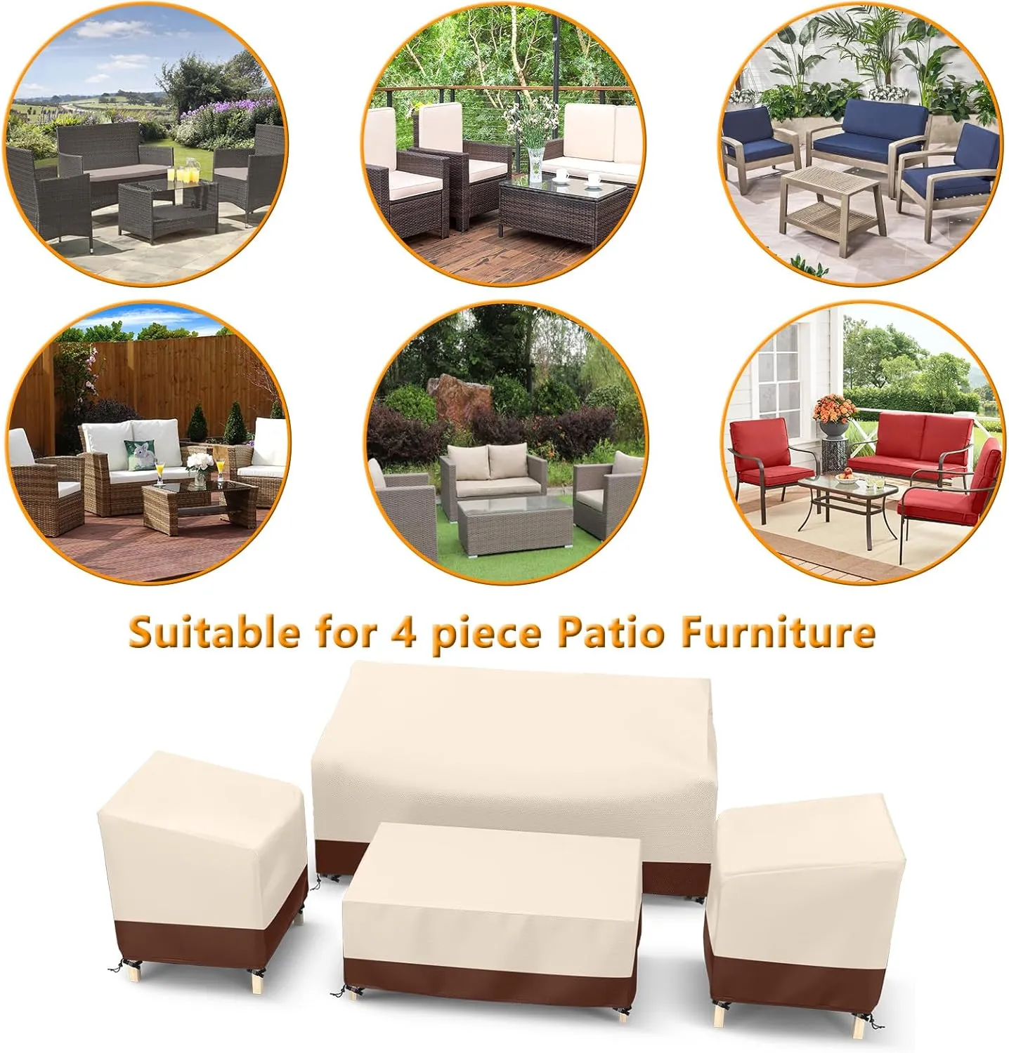 STARTWO Outdoor Waterproof Patio Furniture Covers 4-Piece Set for Chairs 32in, Loveseat 56in, Coffee Table 45in, Heavy Duty 600D, Beige