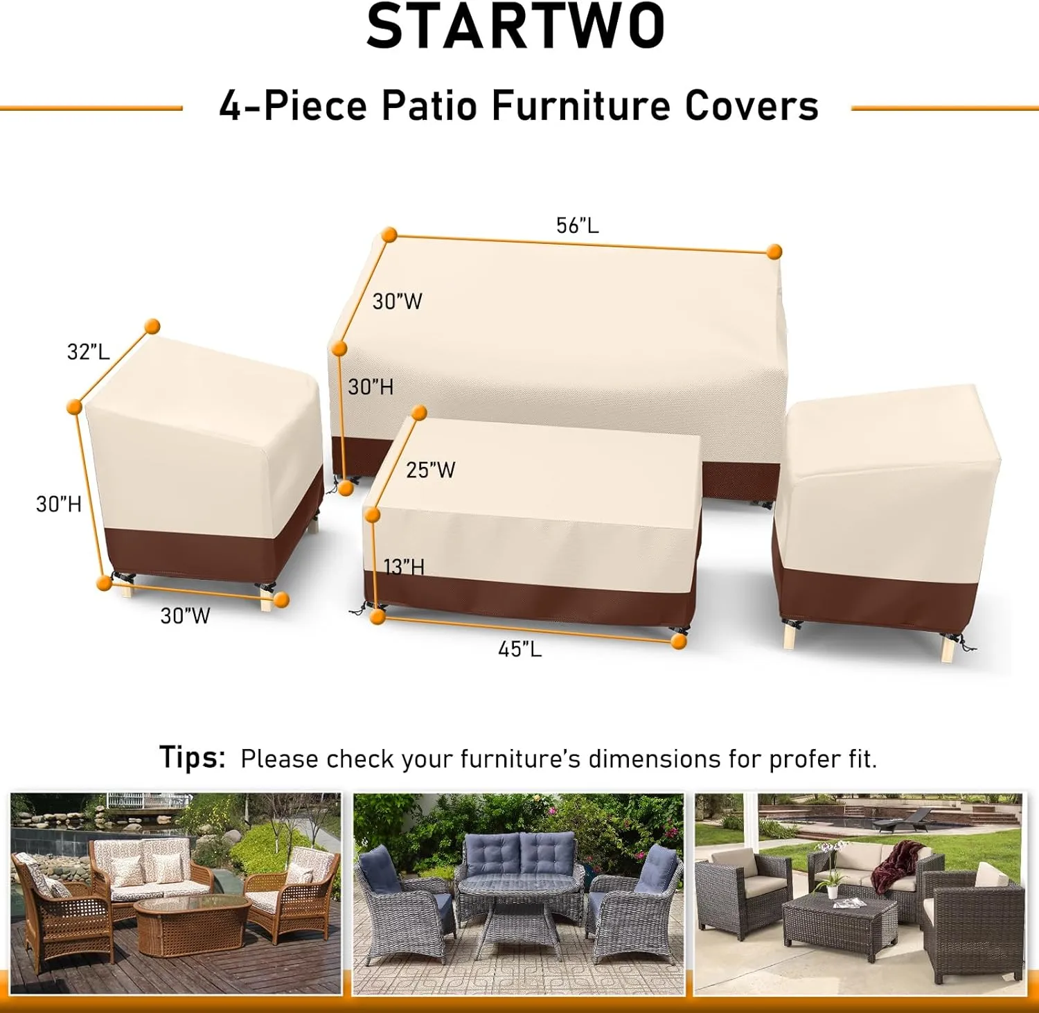 STARTWO Outdoor Waterproof Patio Furniture Covers 4-Piece Set for Chairs 32in, Loveseat 56in, Coffee Table 45in, Heavy Duty 600D, Beige