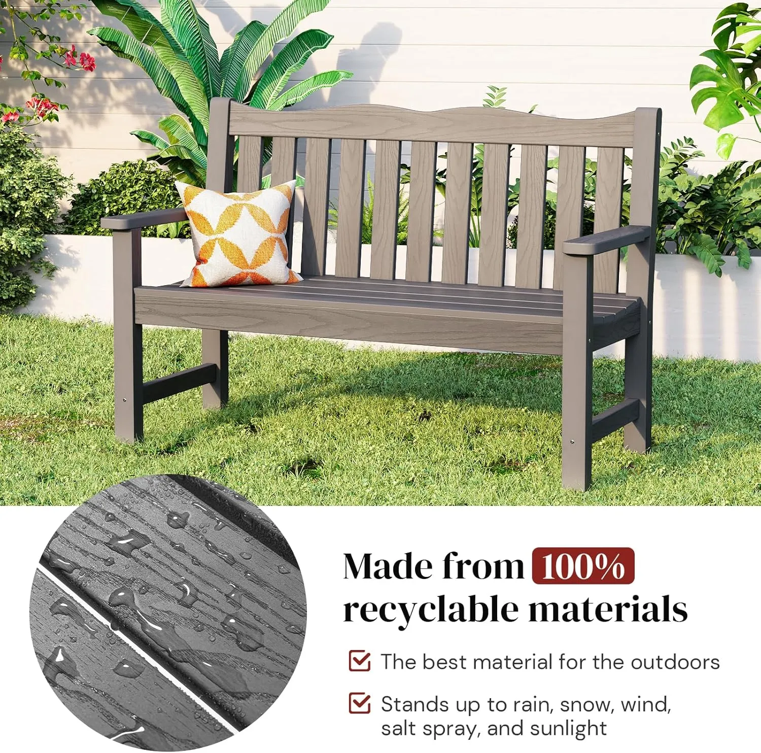 Stoog Outdoor Bench, 2-Person Garden Benches for Outdoors, Waterproof HIPS Patio Bench with 800 lbs Weight Capacity, Never Rot or Fade, Grey