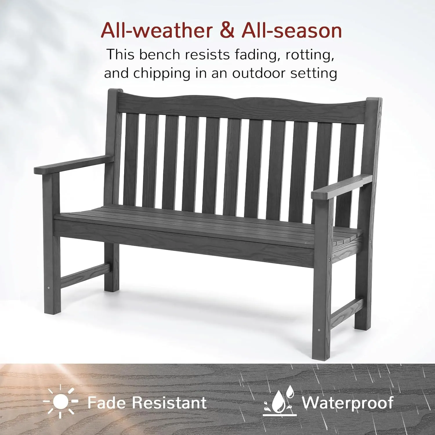 Stoog Outdoor Bench, 2-Person Garden Benches for Outdoors, Waterproof HIPS Patio Bench with 800 lbs Weight Capacity, Never Rot or Fade, Grey