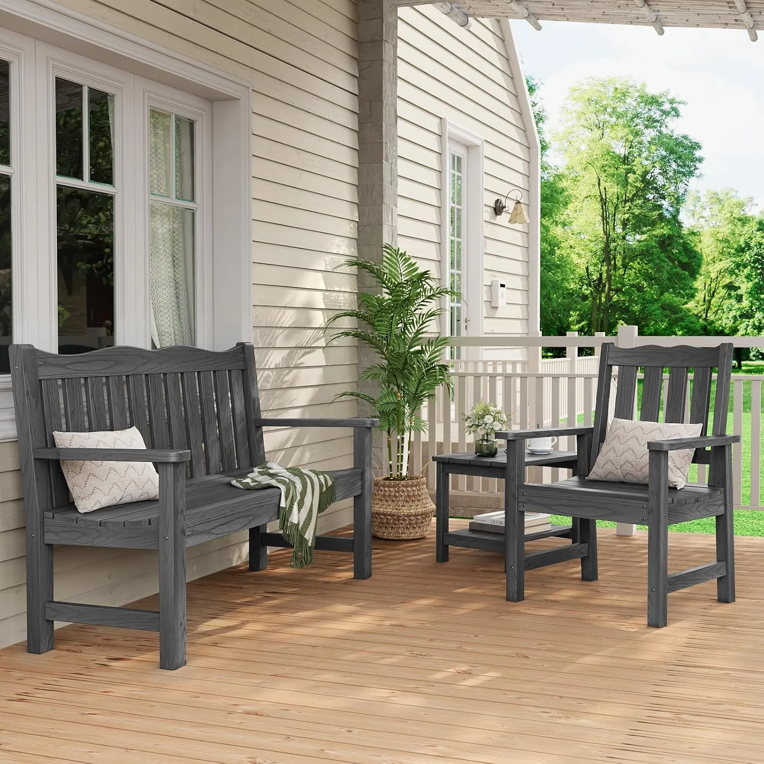 Stoog Outdoor Bench, 2-Person Garden Benches for Outdoors, Waterproof HIPS Patio Bench with 800 lbs Weight Capacity, Never Rot or Fade, Grey