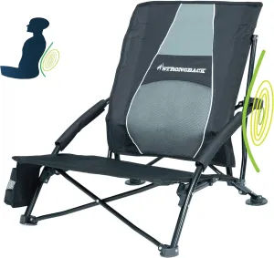 STRONGBACK Low Gravity Beach Chair with Built-in Lumbar Back Support - Heavy Duty Portable Folding Beach Chair for Adults - Black