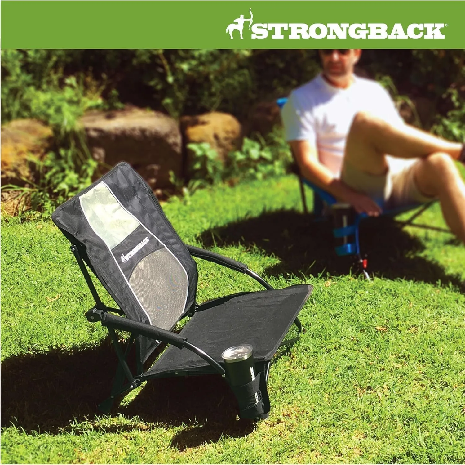 STRONGBACK Low Gravity Beach Chair with Built-in Lumbar Back Support - Heavy Duty Portable Folding Beach Chair for Adults - Black