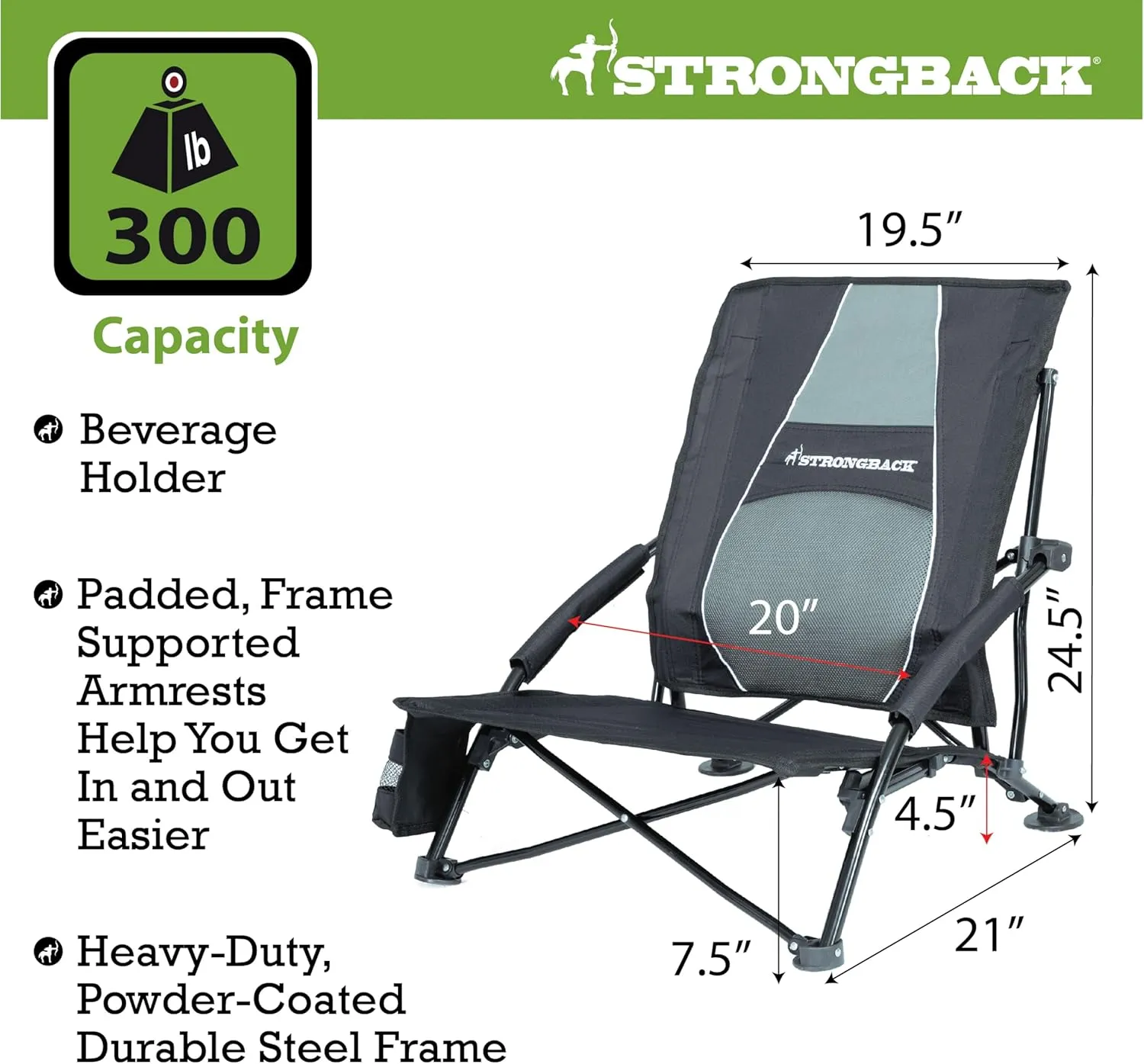 STRONGBACK Low Gravity Beach Chair with Built-in Lumbar Back Support - Heavy Duty Portable Folding Beach Chair for Adults - Black