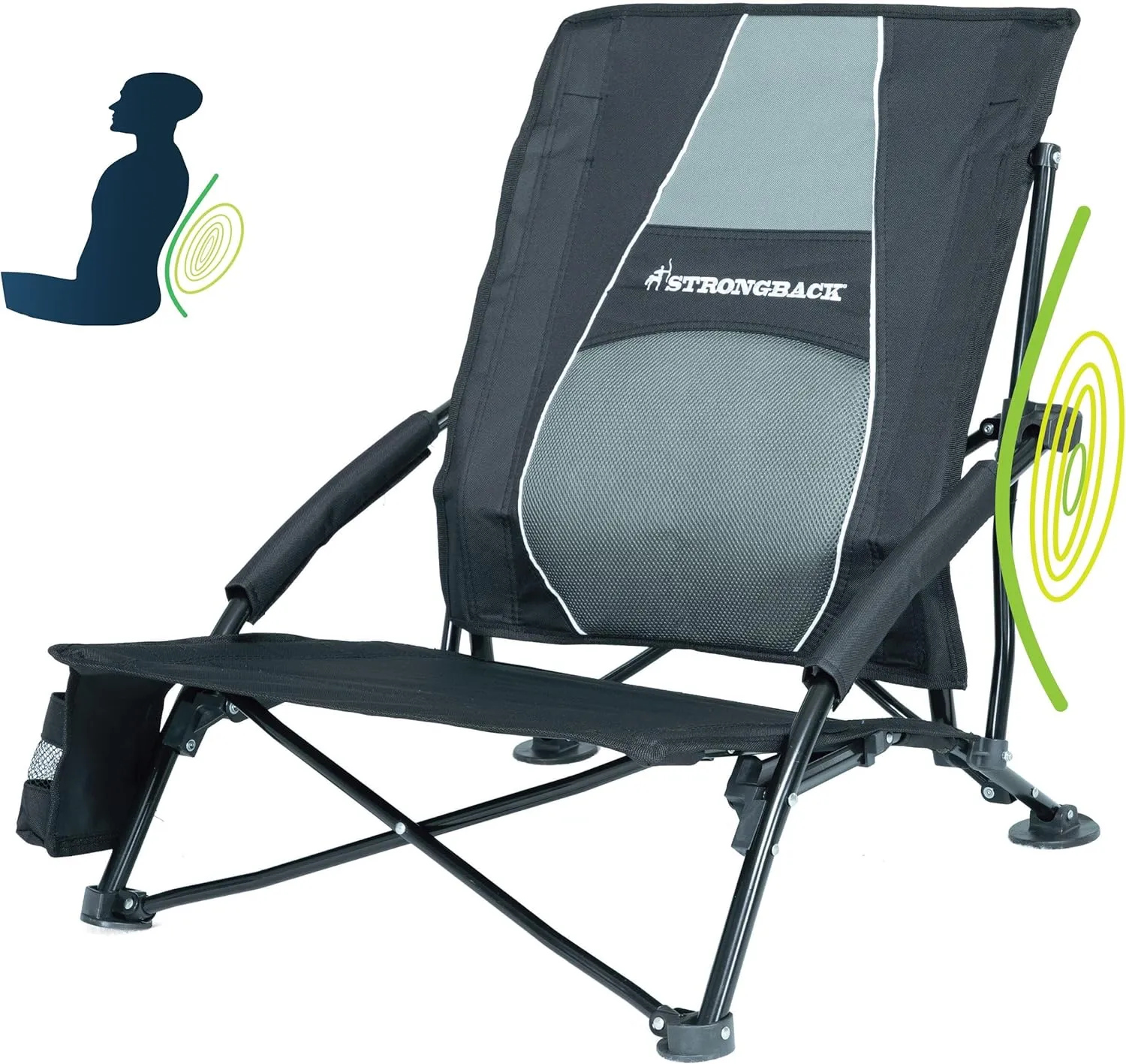 STRONGBACK Low Gravity Beach Chair with Built-in Lumbar Back Support - Heavy Duty Portable Folding Beach Chair for Adults - Black