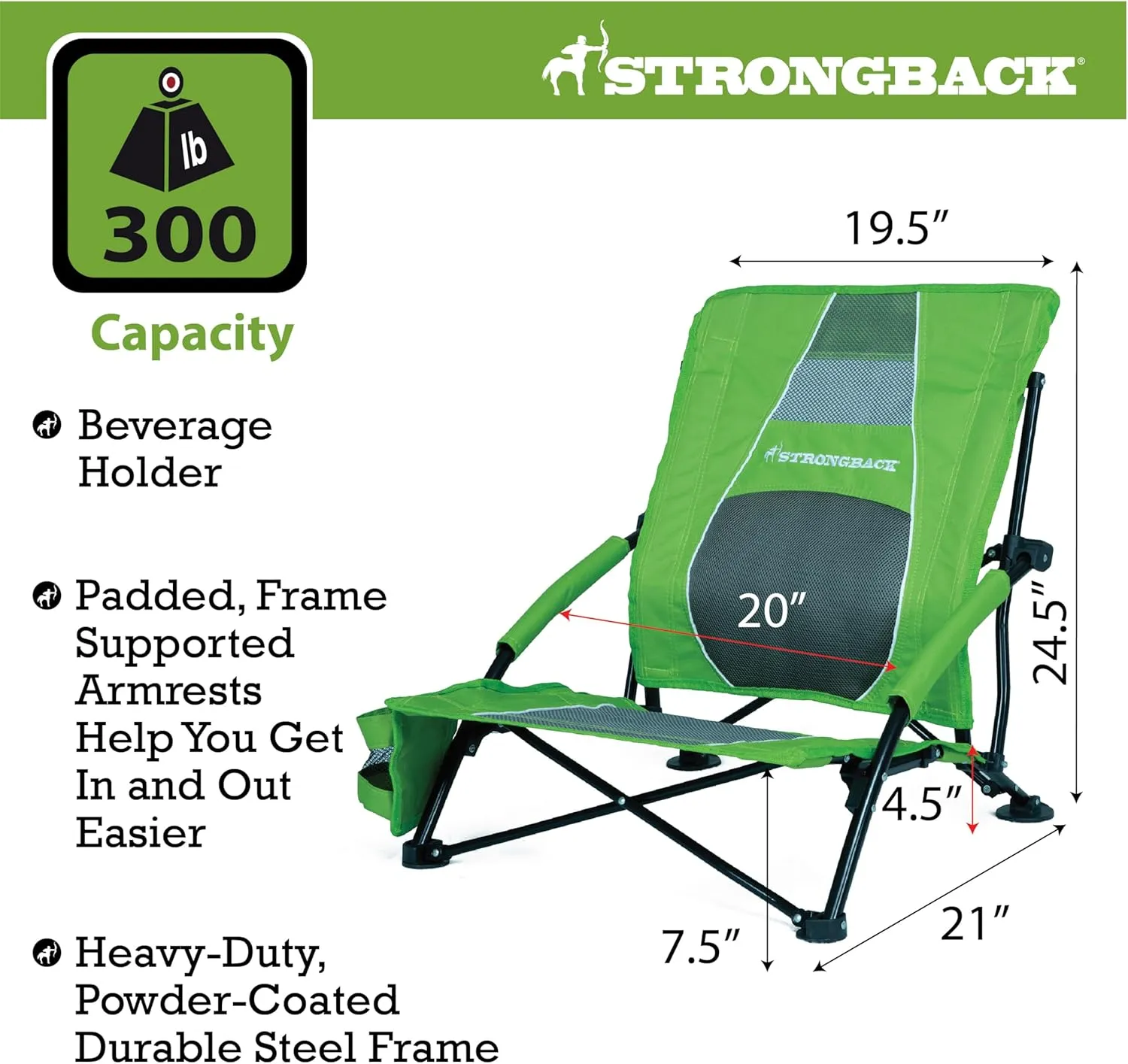 STRONGBACK Low Gravity Beach Chair with Built-in Lumbar Back Support - Heavy Duty Portable Folding Beach Chair for Adults - Lime Green