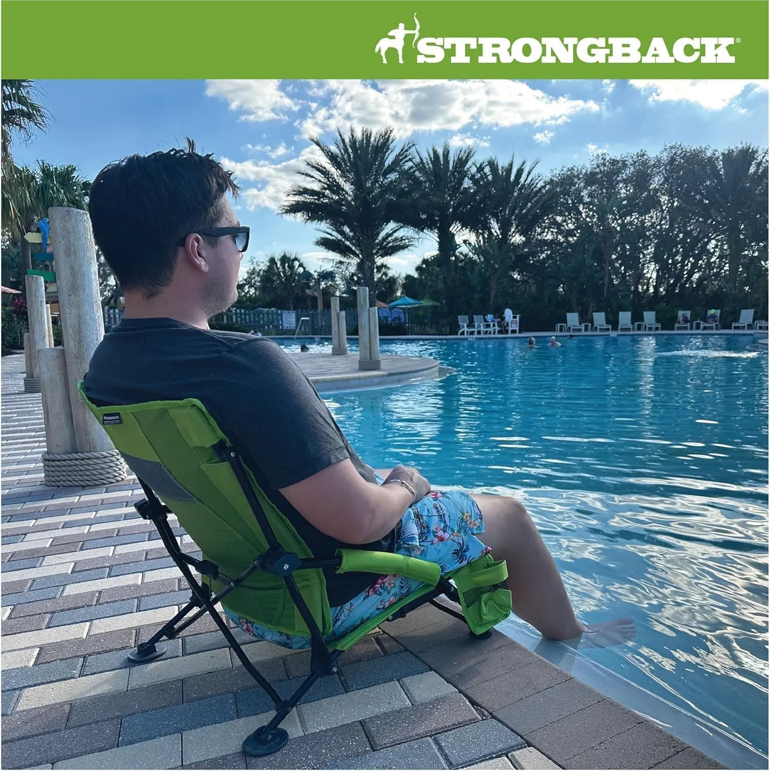 STRONGBACK Low Gravity Beach Chair with Built-in Lumbar Back Support - Heavy Duty Portable Folding Beach Chair for Adults - Lime Green