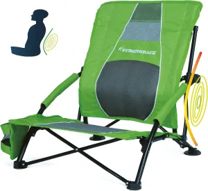 STRONGBACK Low Gravity Beach Chair with Built-in Lumbar Back Support - Heavy Duty Portable Folding Beach Chair for Adults - Lime Green