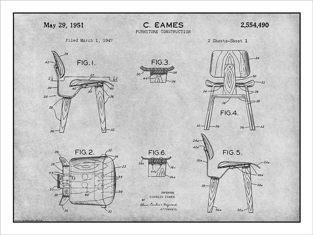 Studio 21 Graphix 1947 Eames Chair Furniture Construction Gray Patent Print Art Poster UNFRAMED 18" X 24"