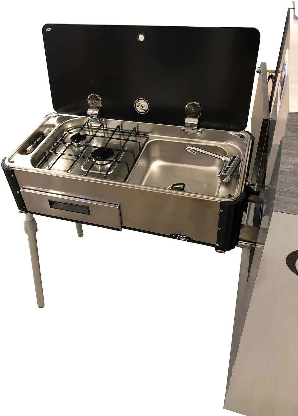 Suburban CAN RV Sink/Stove Combo, Stainless Steel Slide-Out Outdoor Kitchen with Glass Lid, Dual Burner Stove Top, Fold Down Spigot, Adjustable Legs, Easy-to-Clean RV Outdoor Kitchen (3250AST)