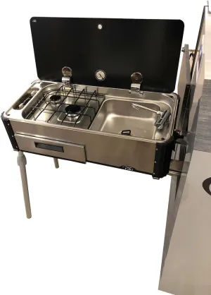 Suburban CAN RV Sink/Stove Combo, Stainless Steel Slide-Out Outdoor Kitchen with Glass Lid, Dual Burner Stove Top, Fold Down Spigot, Adjustable Legs, Easy-to-Clean RV Outdoor Kitchen (3250AST)