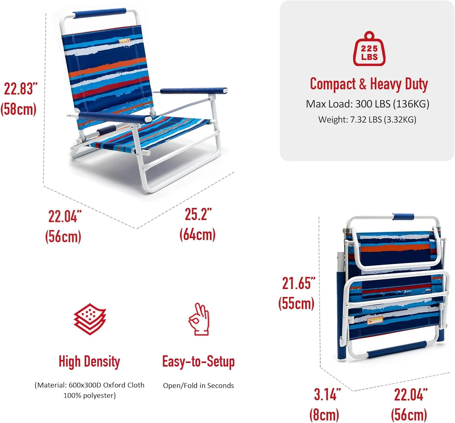 SunnyFeel Low Folding Beach Chair for Adults, Lightweight Beach Chair, Portable Camping Sand Chairs with Hard Armrest, Supports 300lbs for Beach Lawn Concert