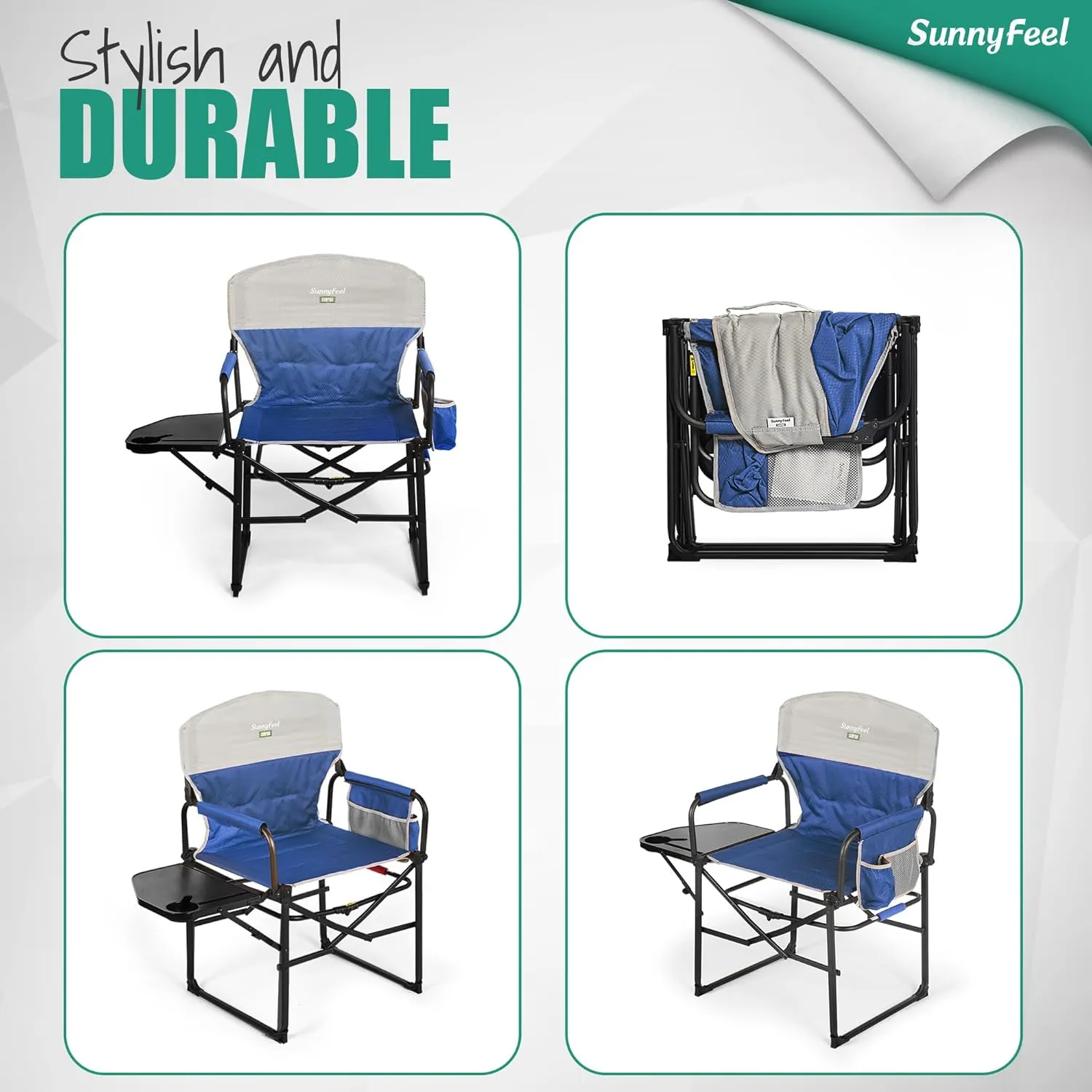 SUNNYFEEL Oversized Camping Directors Chair, Portable Folding Lawn Chairs for Adults Heavy Duty with Side Table,Pocket for Beach, Fishing,Picnic,Concert,Tailgating, Outdoor Foldable Camp Chair
