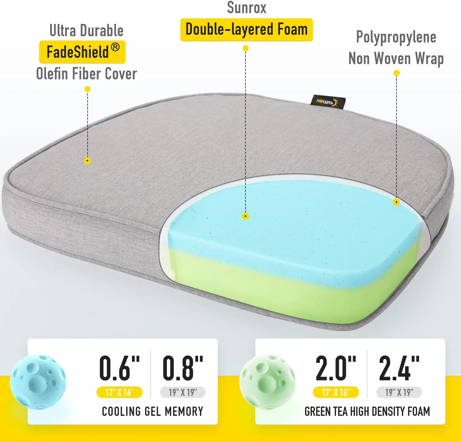 SUNROX Gel Memory Foam Chair Cushions, FadeShield Water-, Stain-Resistant Durable Reversible Seat Cushion Pads with Ties for Indoor/Outdoor Kitchen Dining Office, 17"x16", Set of 4, Heather Grey