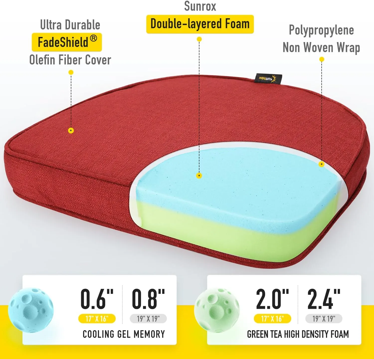 SUNROX Gel Memory Foam Chair Cushions, FadeShield Water-, Stain-Resistant Durable Reversible Seat Cushion Pads with Ties for Indoor/Outdoor Kitchen Dining Office 17"x16" Set of 6, Burgundy