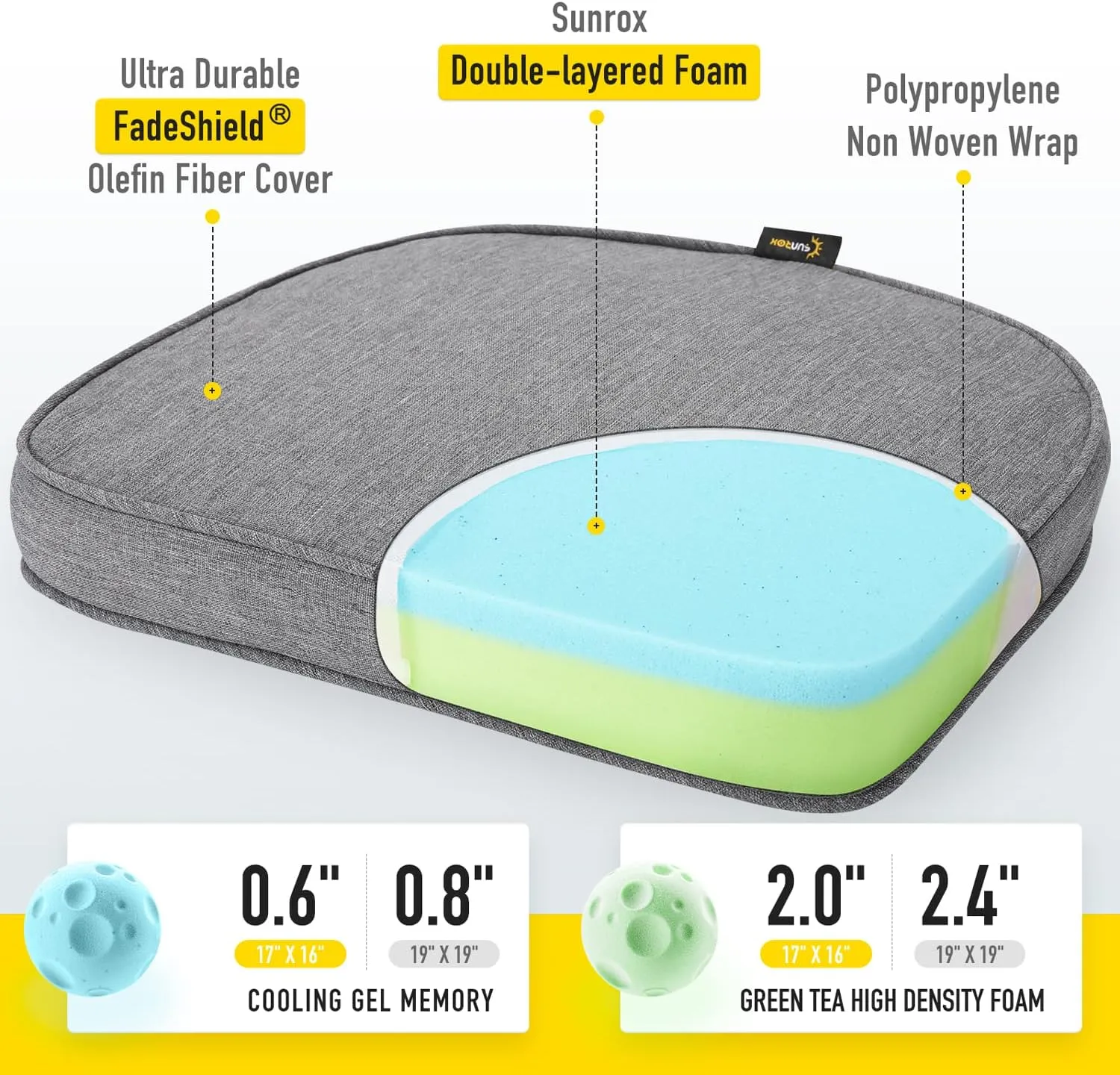 SUNROX Gel Memory Foam Chair Cushions, FadeShield Water-, Stain-Resistant Durable Reversible Seat Cushion Pads with Ties for Indoor/Outdoor Kitchen Dining Office 17"x16" Set of 6, Heather Charcoal