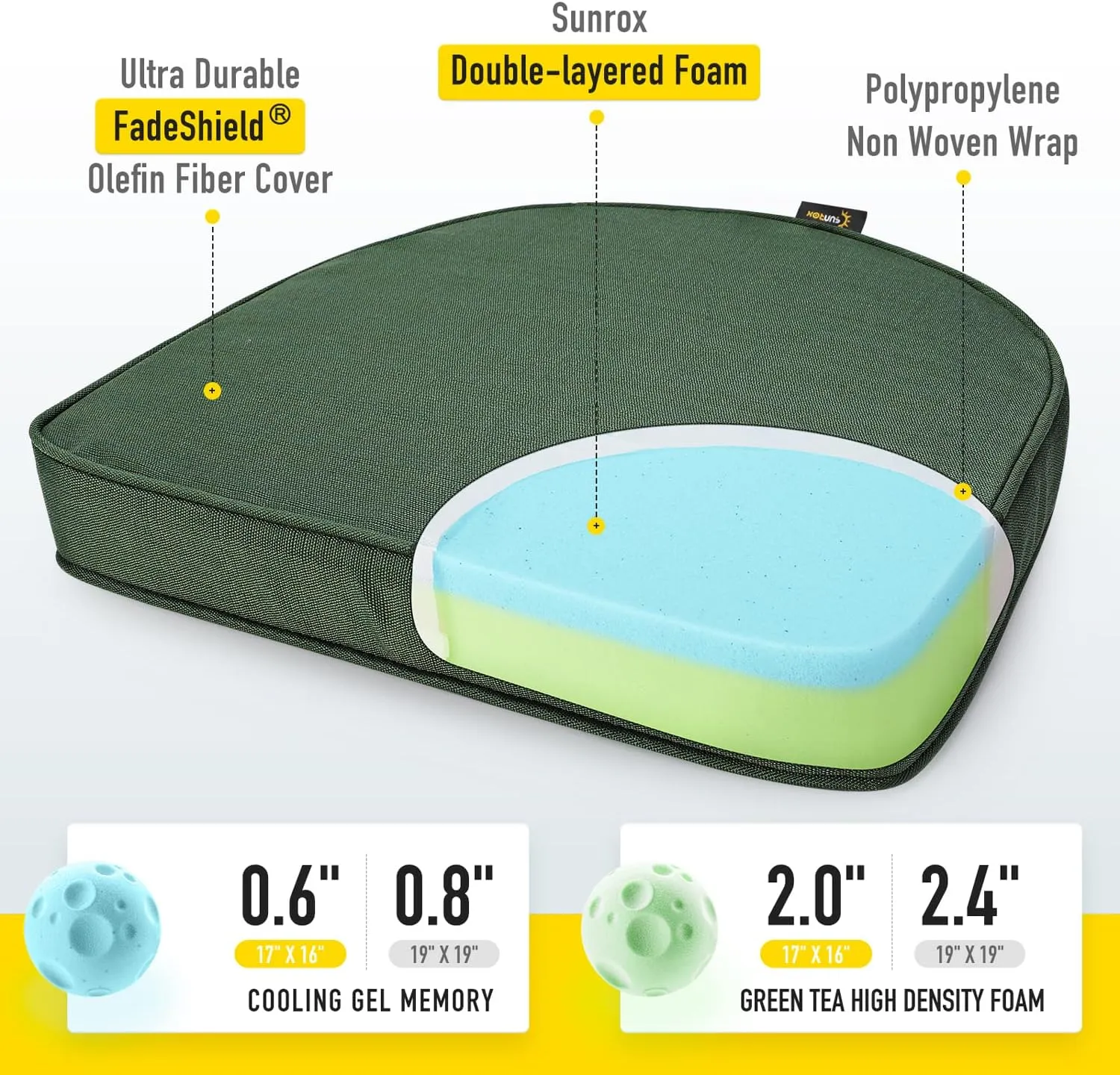 SUNROX Gel Memory Foam Chair Cushions, FadeShield Water-, Stain-Resistant Durable Reversible Seat Cushion Pads with Ties for Indoor/Outdoor Kitchen Dining Office, 19"x19", Set of 2, Heather Fern