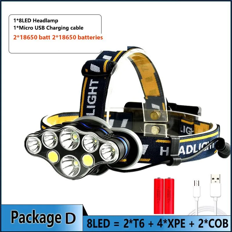 T6 COB 8 Light Mode Headlamp Flashlight USB Rechargeable Headlight Ultra Bright  Sensor Headlamp 60000LM