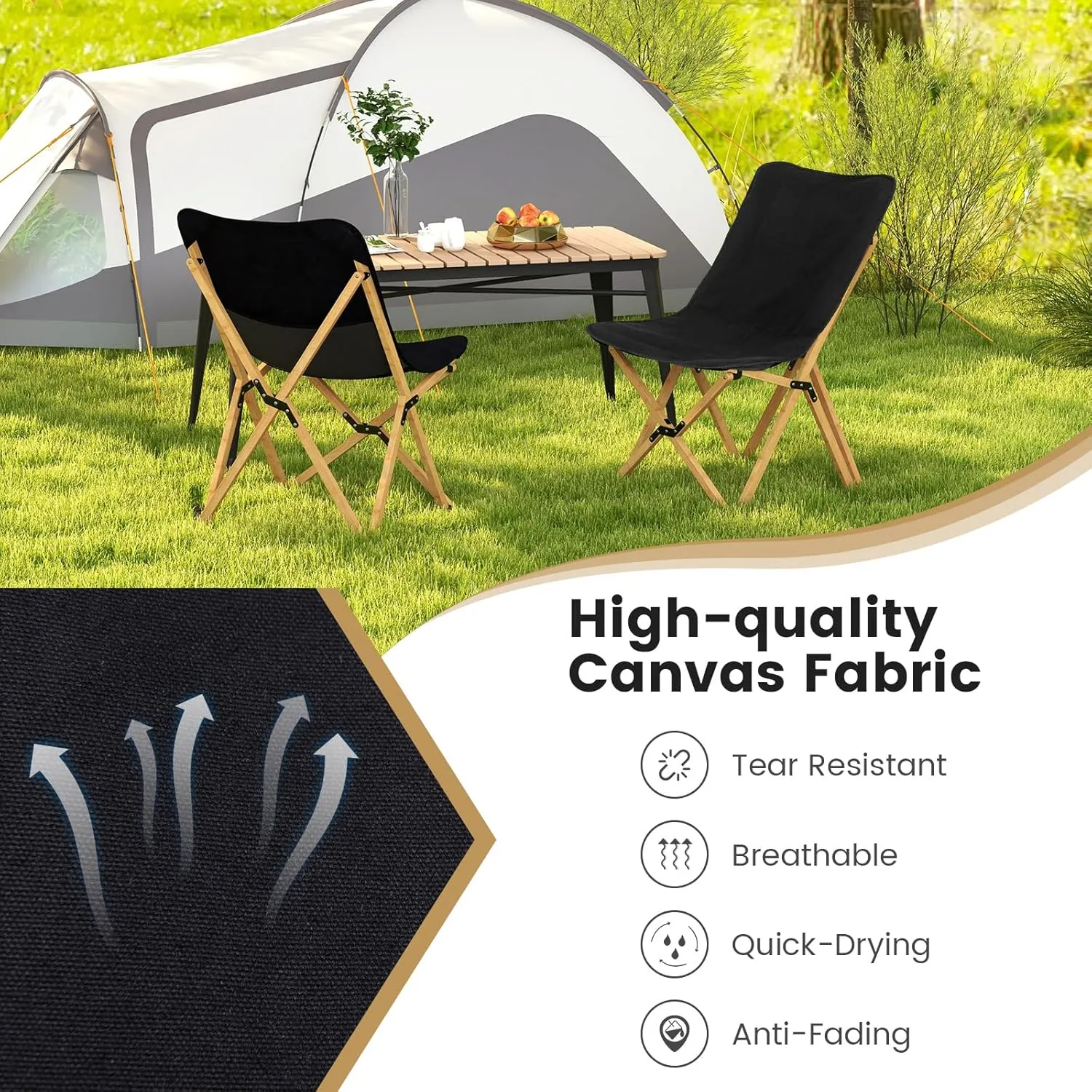 Tangkula Camping Chairs 2 Pack, Portable Folding Lawn Chair with Solid Bamboo Frame, Ultralight Canvas Seat, Back Pocket, Carrying Bag, Outdoor Beach Chair for Backpacking Fishing Travel Camp