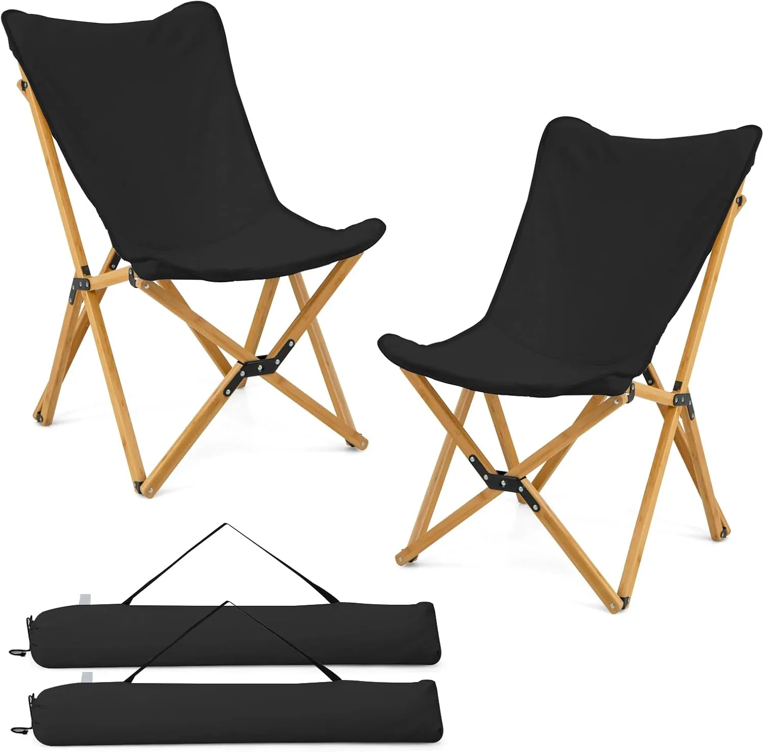 Tangkula Camping Chairs 2 Pack, Portable Folding Lawn Chair with Solid Bamboo Frame, Ultralight Canvas Seat, Back Pocket, Carrying Bag, Outdoor Beach Chair for Backpacking Fishing Travel Camp