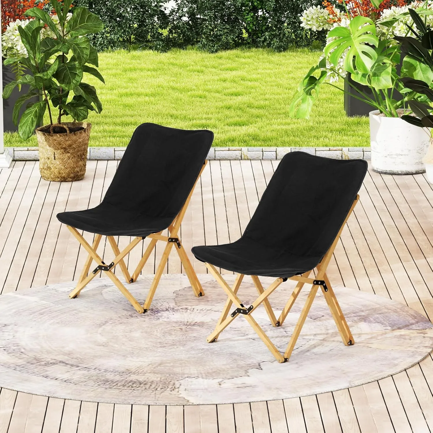 Tangkula Camping Chairs 2 Pack, Portable Folding Lawn Chair with Solid Bamboo Frame, Ultralight Canvas Seat, Back Pocket, Carrying Bag, Outdoor Beach Chair for Backpacking Fishing Travel Camp
