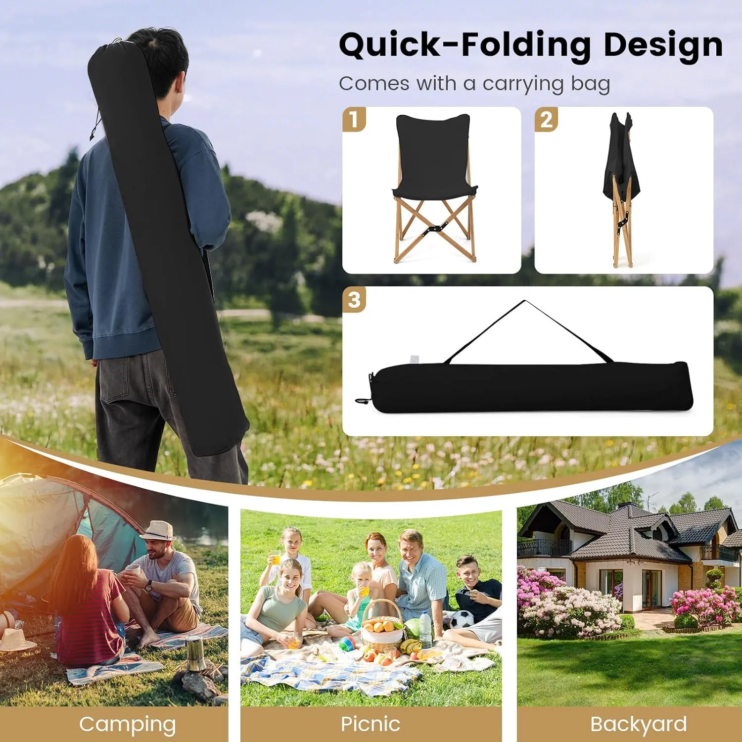 Tangkula Camping Chairs 2 Pack, Portable Folding Lawn Chair with Solid Bamboo Frame, Ultralight Canvas Seat, Back Pocket, Carrying Bag, Outdoor Beach Chair for Backpacking Fishing Travel Camp