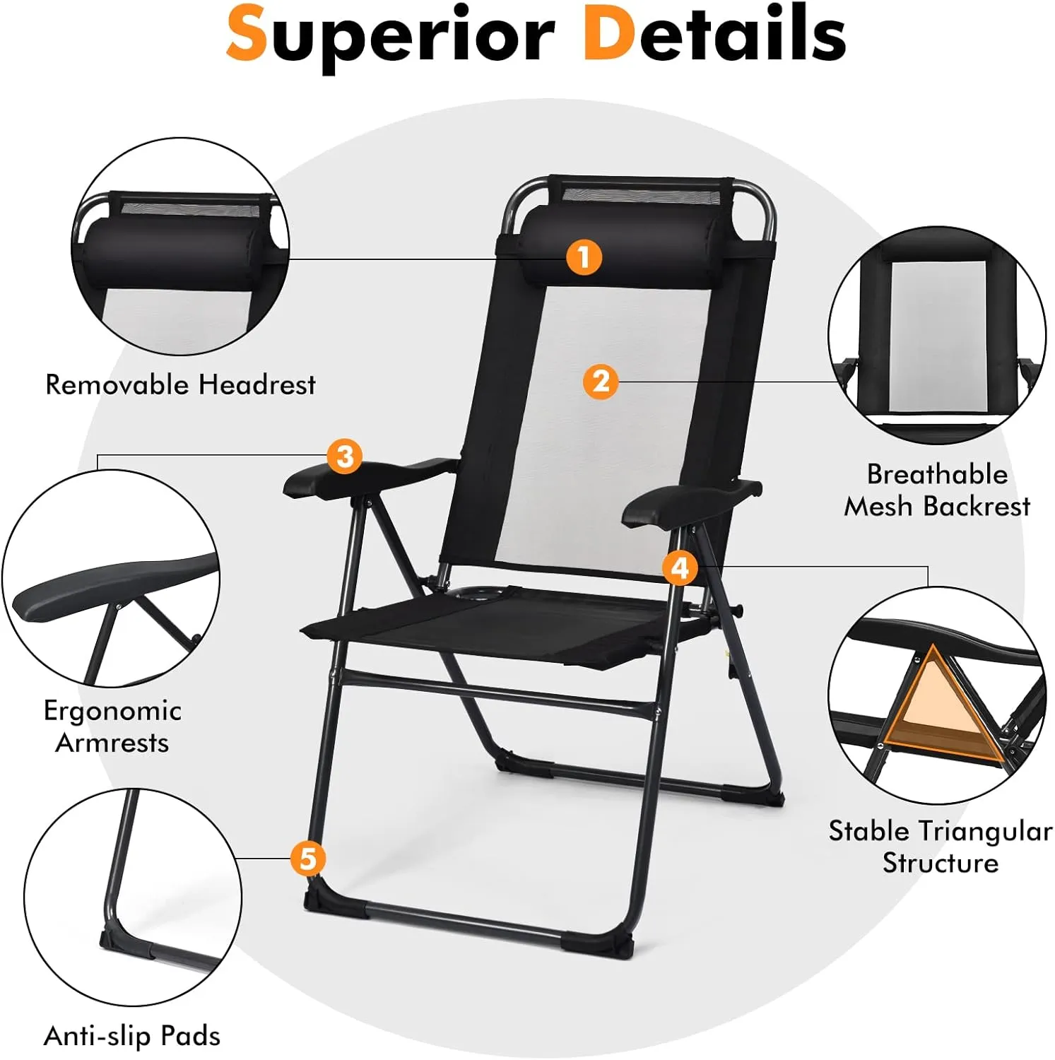 Tangkula Folding Patio Dining Chairs Set of 4, Portable Patio Chairs with 7 Level Adjustable Backrest, Detachable Headrest, Wide Seats, Breathable Mesh Backrest, Outdoor Sling Chairs, 300 Lbs Capacity
