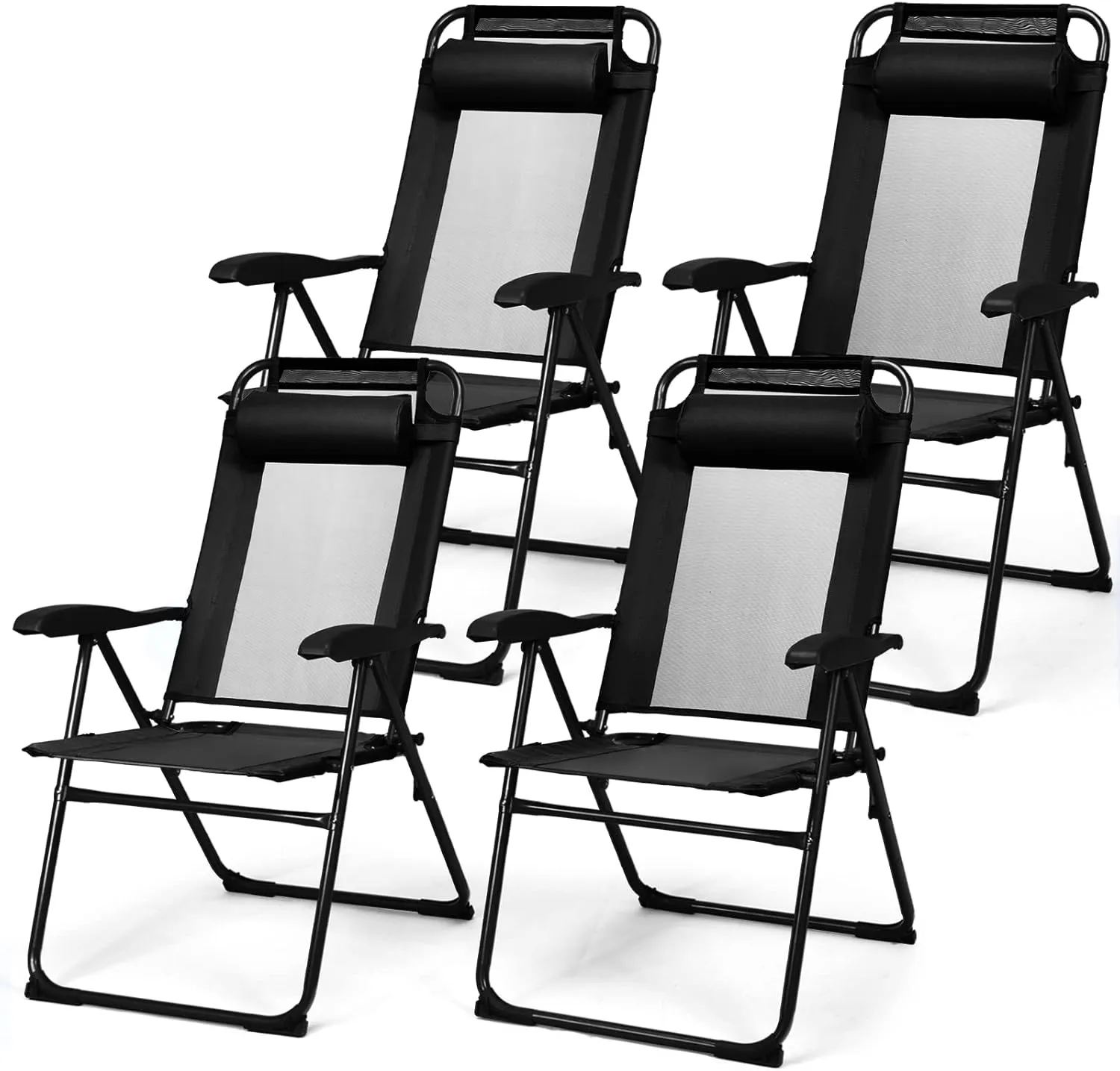Tangkula Folding Patio Dining Chairs Set of 4, Portable Patio Chairs with 7 Level Adjustable Backrest, Detachable Headrest, Wide Seats, Breathable Mesh Backrest, Outdoor Sling Chairs, 300 Lbs Capacity
