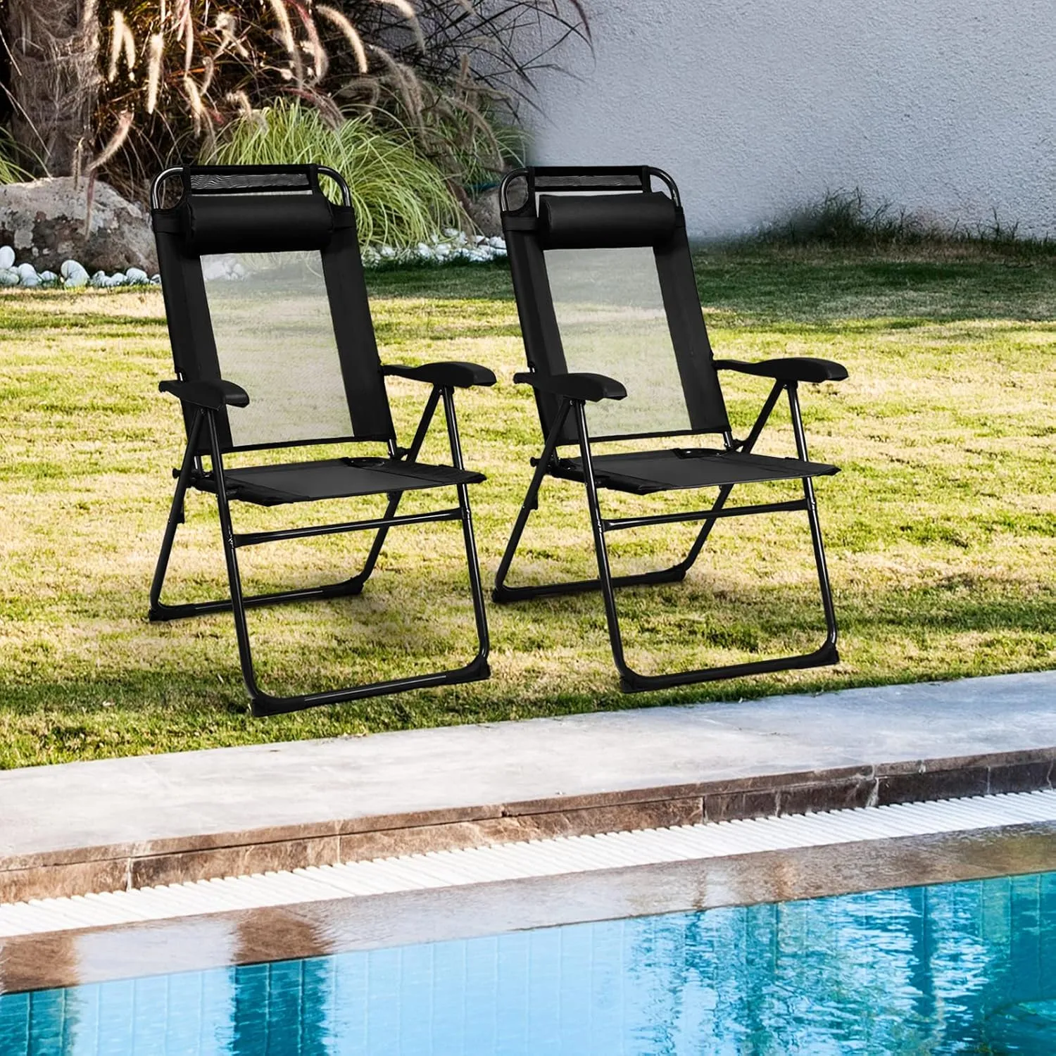 Tangkula Folding Patio Dining Chairs Set of 4, Portable Patio Chairs with 7 Level Adjustable Backrest, Detachable Headrest, Wide Seats, Breathable Mesh Backrest, Outdoor Sling Chairs, 300 Lbs Capacity