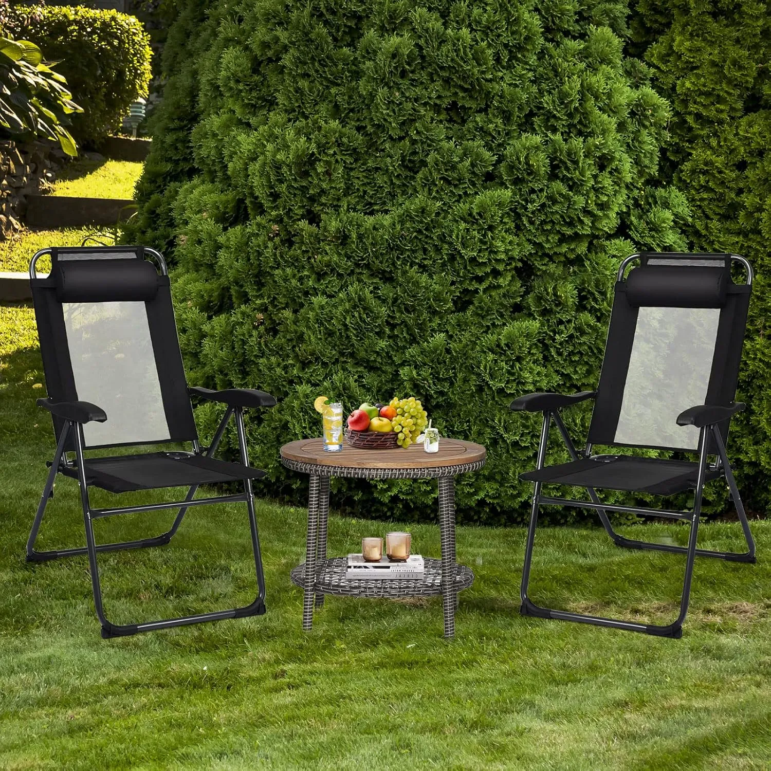 Tangkula Folding Patio Dining Chairs Set of 4, Portable Patio Chairs with 7 Level Adjustable Backrest, Detachable Headrest, Wide Seats, Breathable Mesh Backrest, Outdoor Sling Chairs, 300 Lbs Capacity