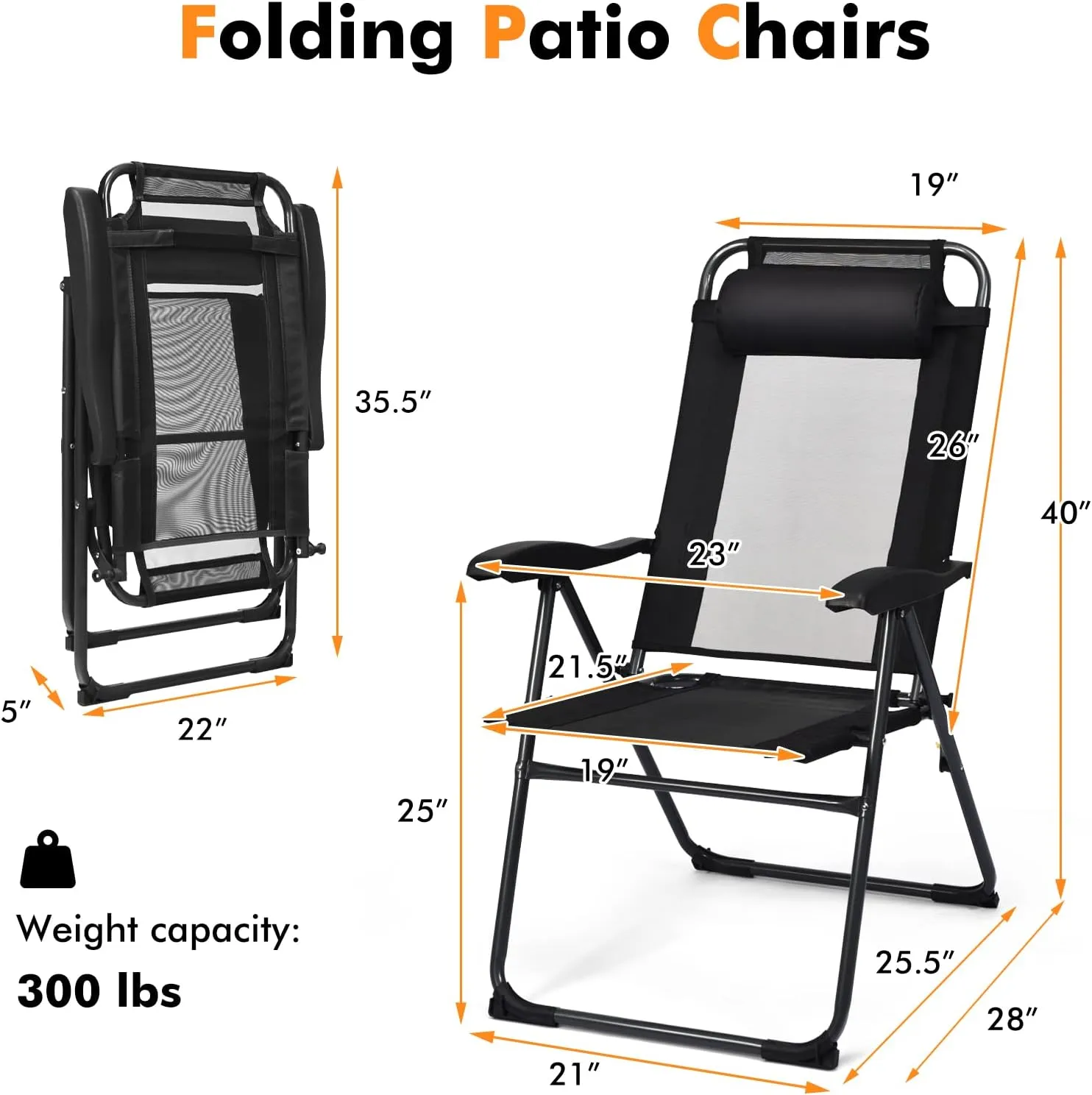 Tangkula Folding Patio Dining Chairs Set of 4, Portable Patio Chairs with 7 Level Adjustable Backrest, Detachable Headrest, Wide Seats, Breathable Mesh Backrest, Outdoor Sling Chairs, 300 Lbs Capacity
