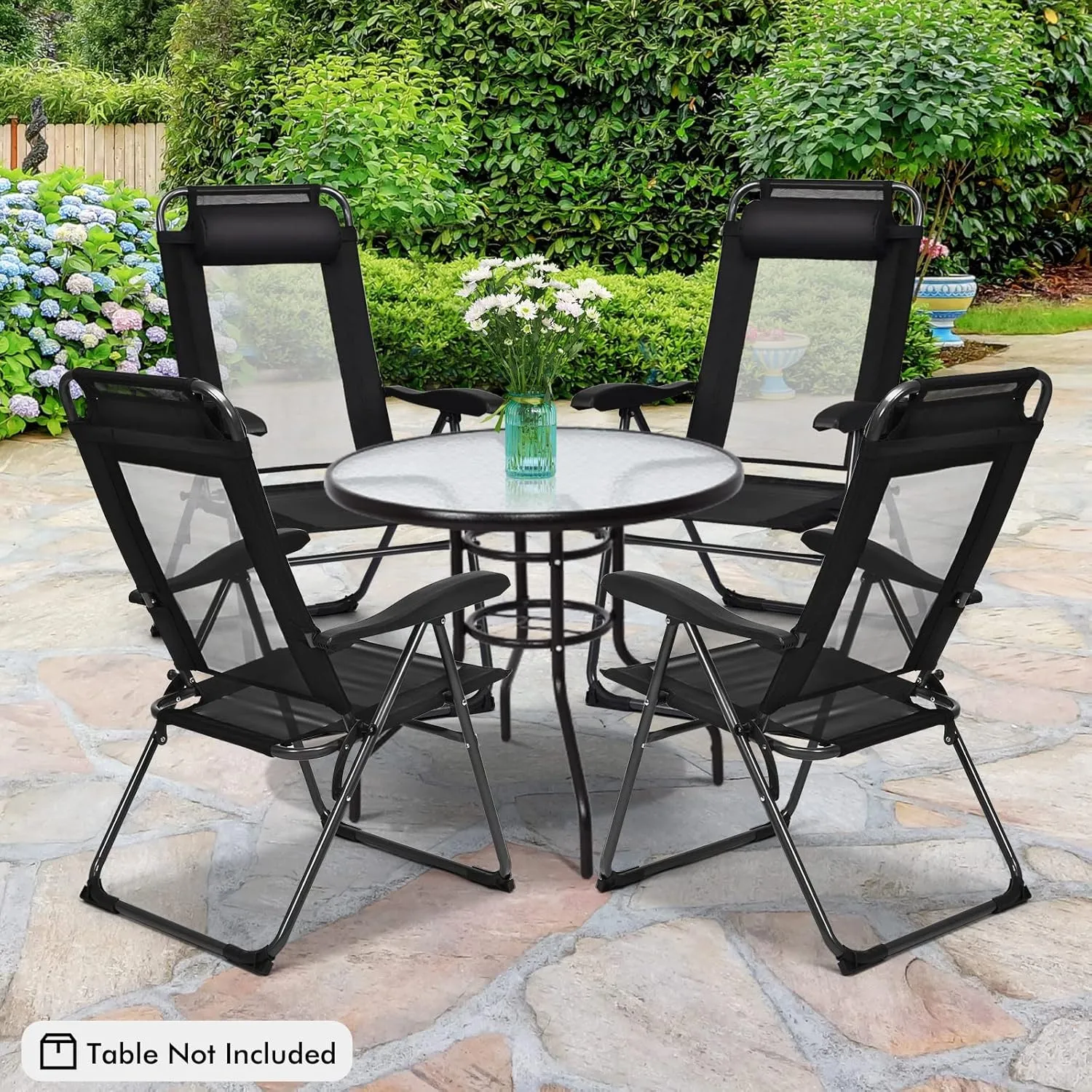 Tangkula Folding Patio Dining Chairs Set of 4, Portable Patio Chairs with 7 Level Adjustable Backrest, Detachable Headrest, Wide Seats, Breathable Mesh Backrest, Outdoor Sling Chairs, 300 Lbs Capacity