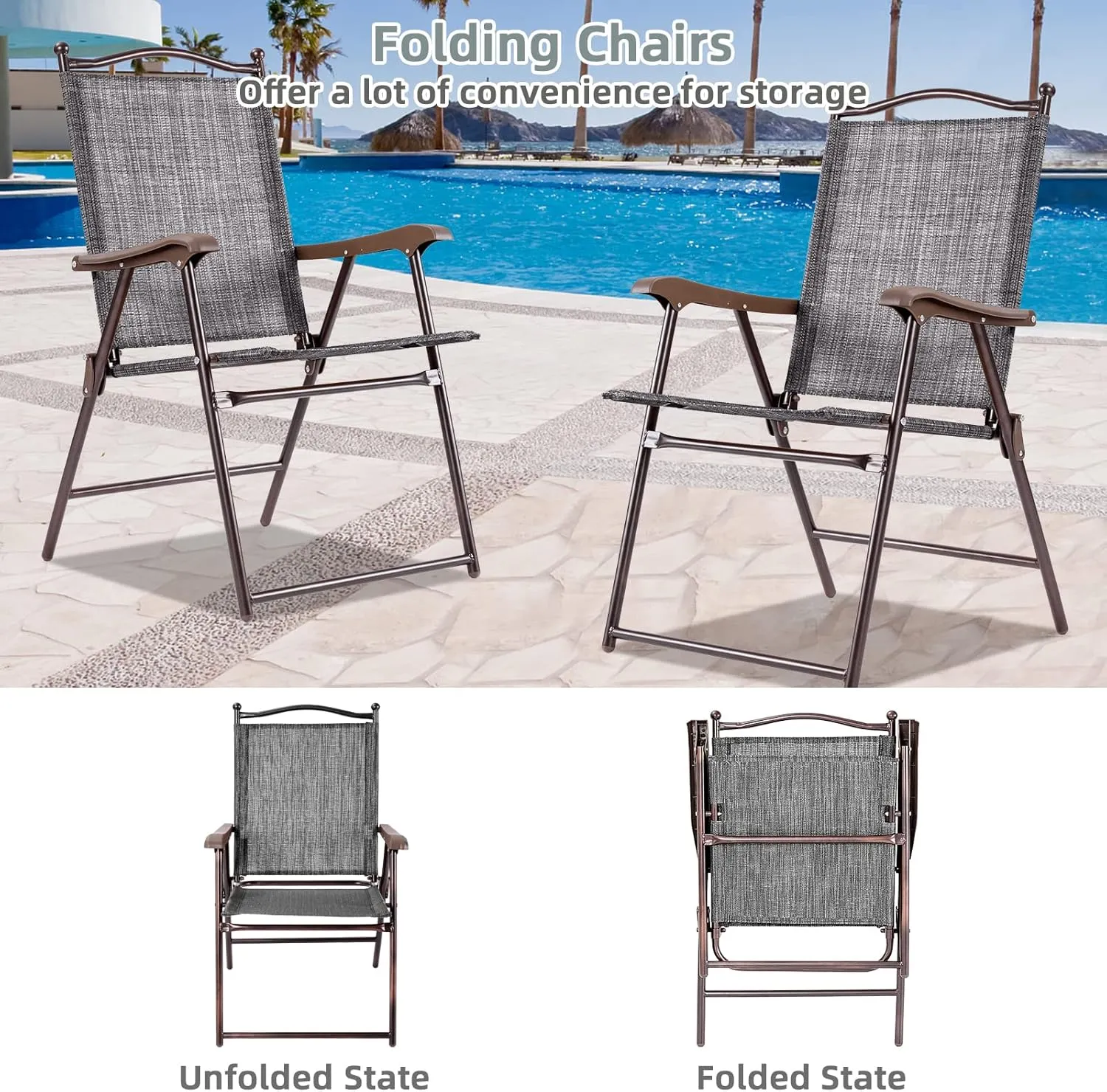 Tangkula Set of 2 Patio Folding Dining Chairs, Outdoor Sling Lawn Chairs with Armrests, Steel Frame, Portable Camping Lounge Chairs for Backyard, Deck, Poolside and Garden, No Assembly (1, Grey)