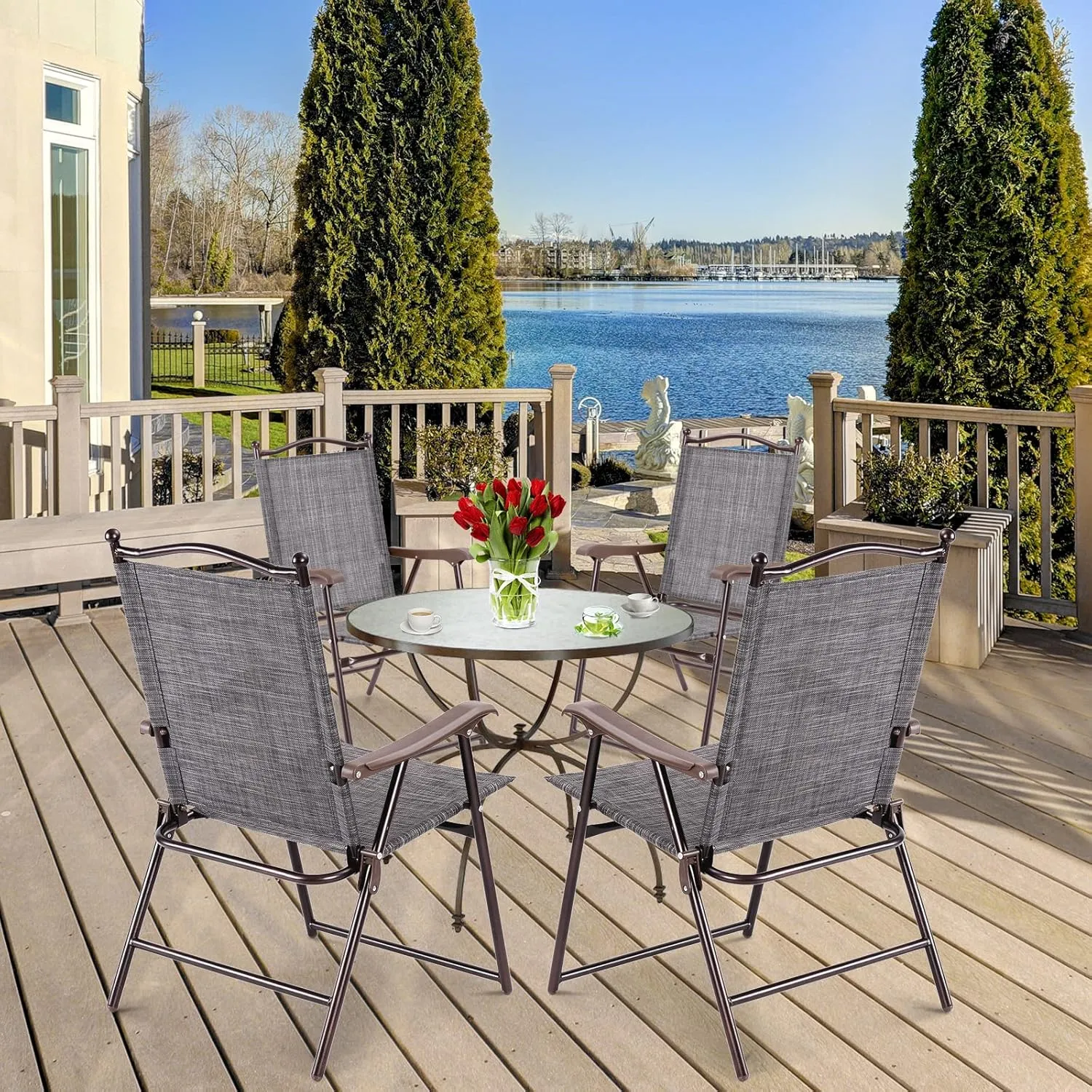 Tangkula Set of 2 Patio Folding Dining Chairs, Outdoor Sling Lawn Chairs with Armrests, Steel Frame, Portable Camping Lounge Chairs for Backyard, Deck, Poolside and Garden, No Assembly (1, Grey)