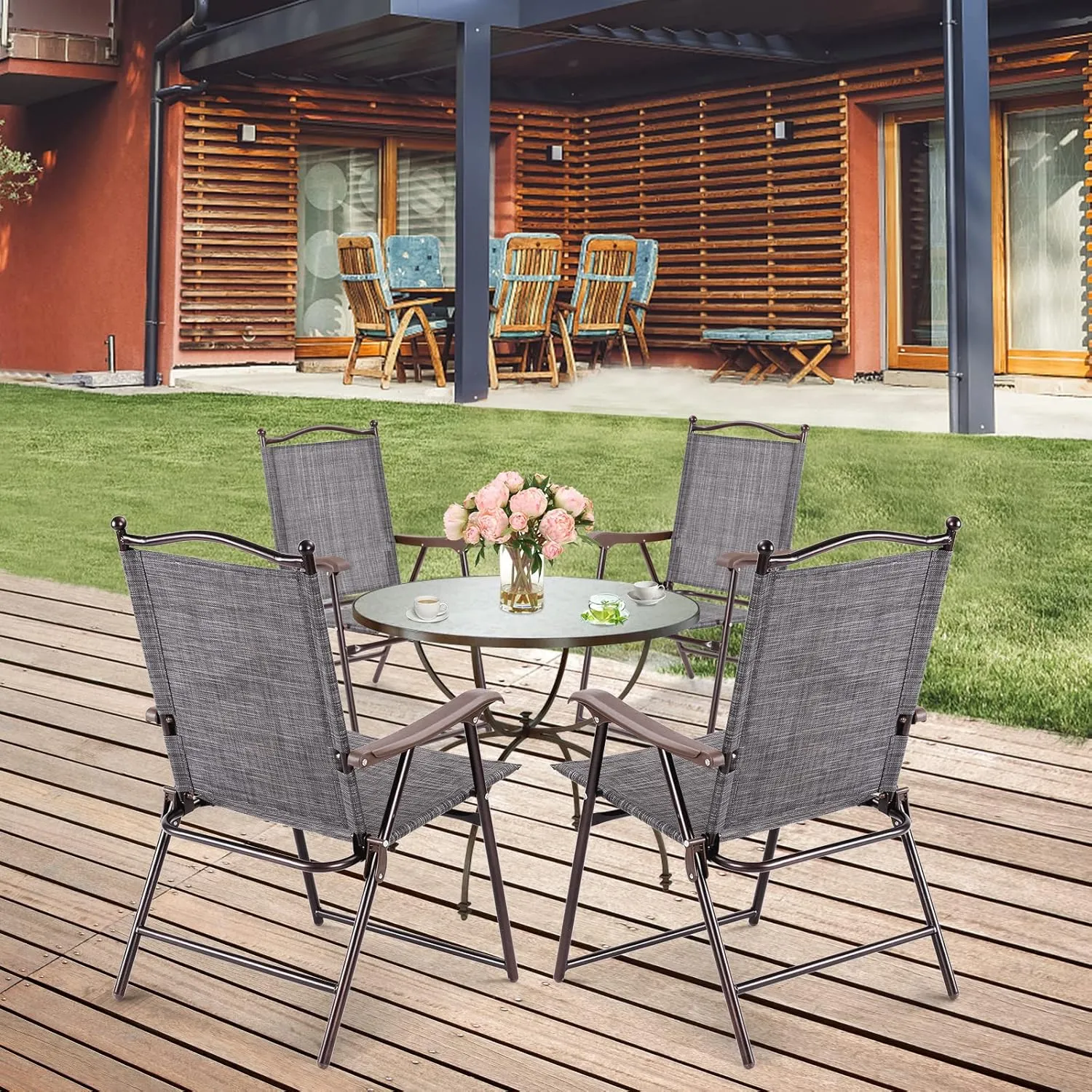 Tangkula Set of 2 Patio Folding Dining Chairs, Outdoor Sling Lawn Chairs with Armrests, Steel Frame, Portable Camping Lounge Chairs for Backyard, Deck, Poolside and Garden, No Assembly (1, Grey)