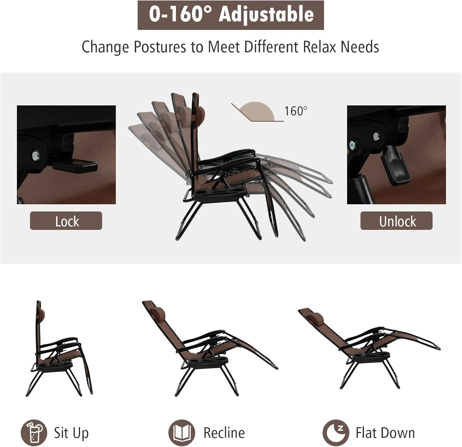 Tangkula Zero Gravity Chair, Folding Patio Lounge Chair Adjustable Outdoor Recliner with Cup Holder, Wide Armrest for Patio Garden Poolside Outdoor Yard Beach, Support 350 lbs (1, Brown)