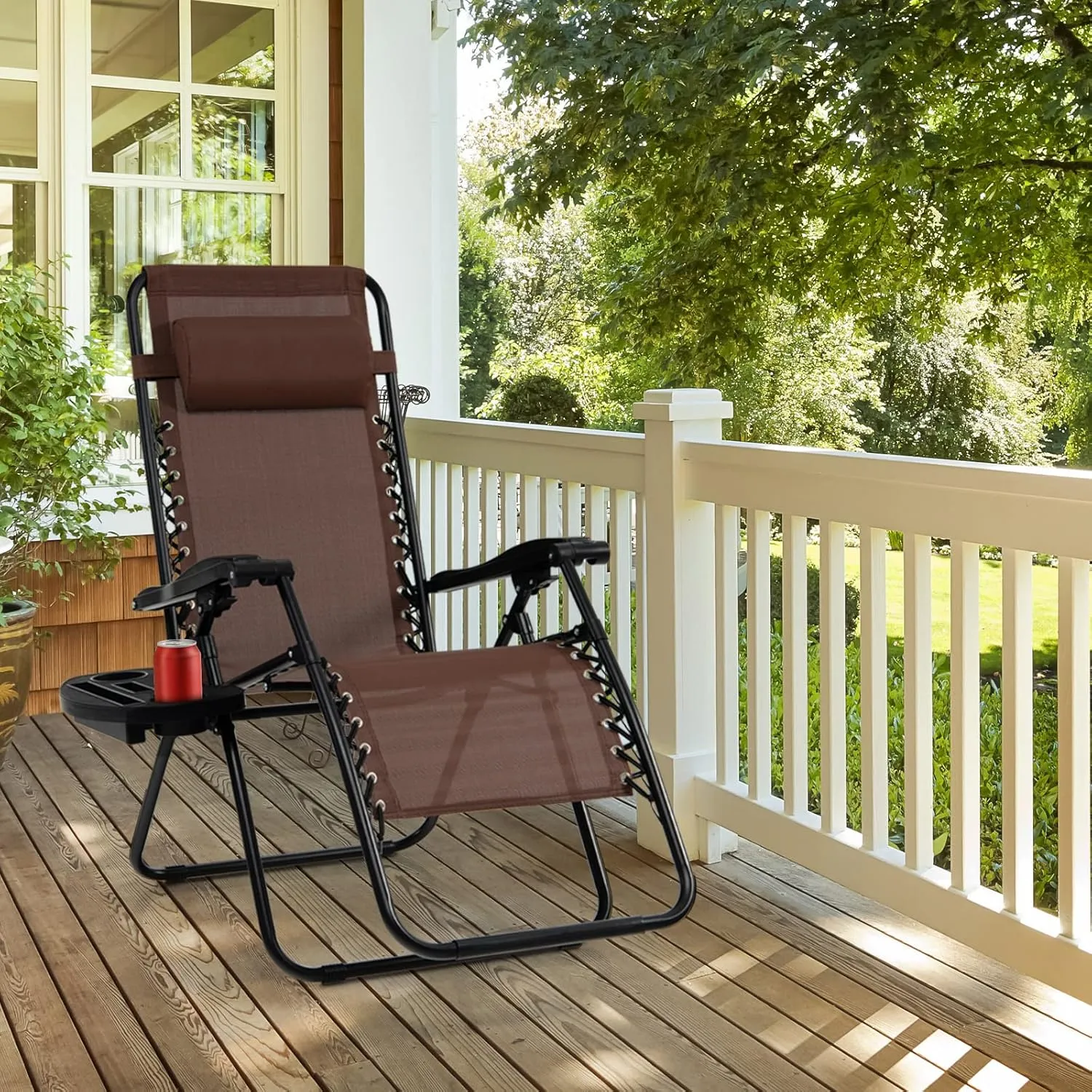 Tangkula Zero Gravity Chair, Folding Patio Lounge Chair Adjustable Outdoor Recliner with Cup Holder, Wide Armrest for Patio Garden Poolside Outdoor Yard Beach, Support 350 lbs (1, Brown)