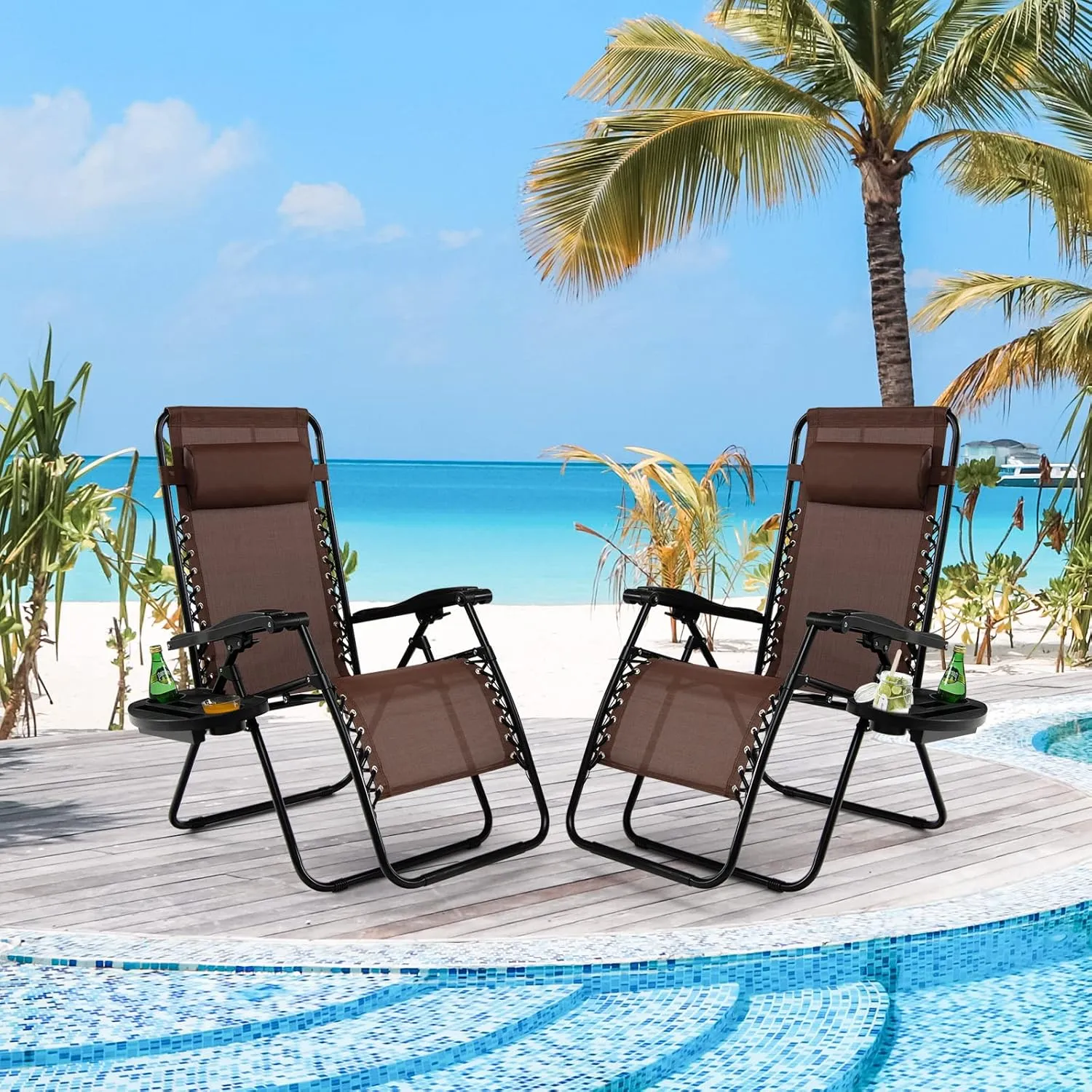 Tangkula Zero Gravity Chair, Folding Patio Lounge Chair Adjustable Outdoor Recliner with Cup Holder, Wide Armrest for Patio Garden Poolside Outdoor Yard Beach, Support 350 lbs (1, Brown)